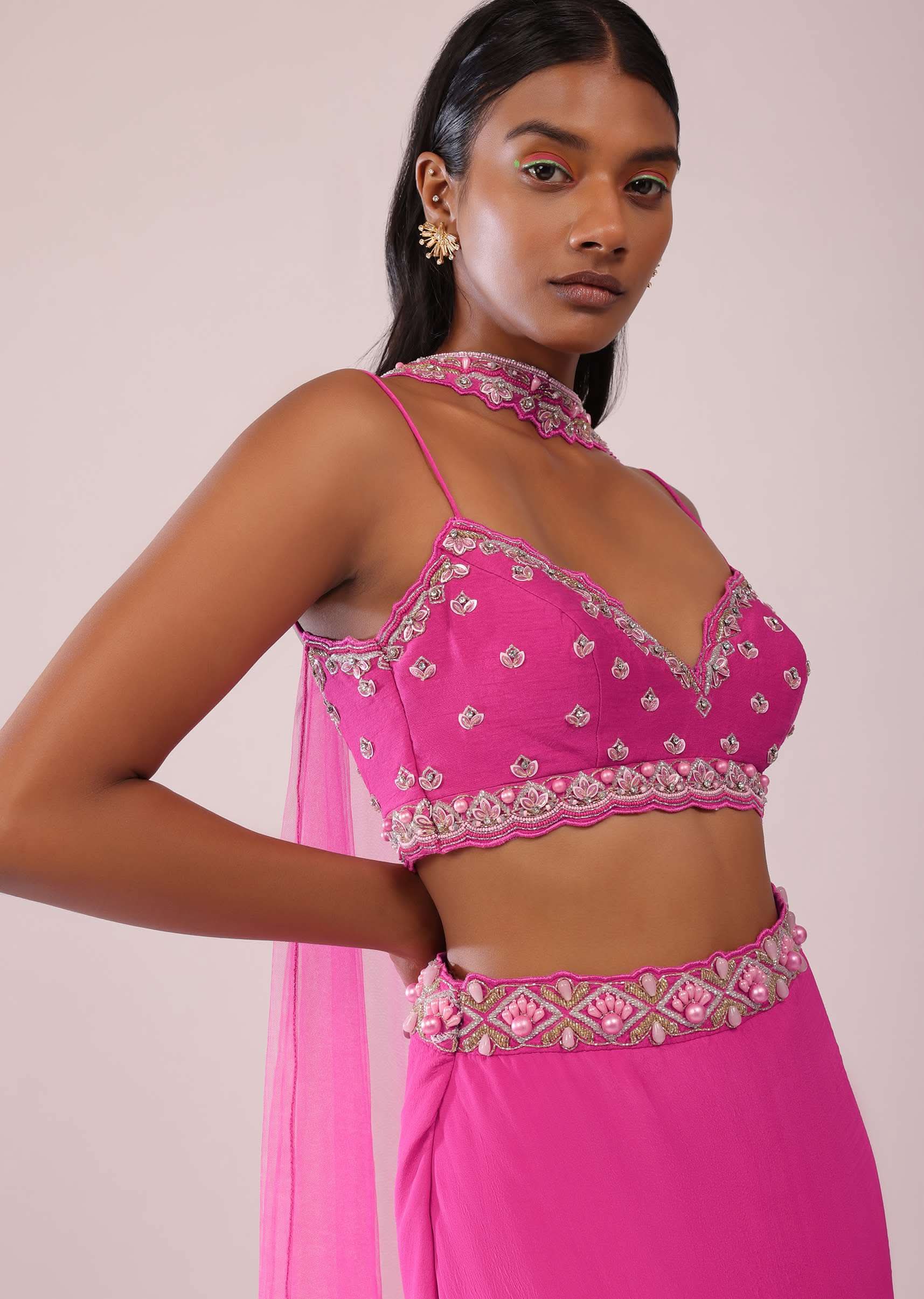 Fuschia Pink Lehenga And Hand Embroidered Blouse Set In Crepe - Image 4