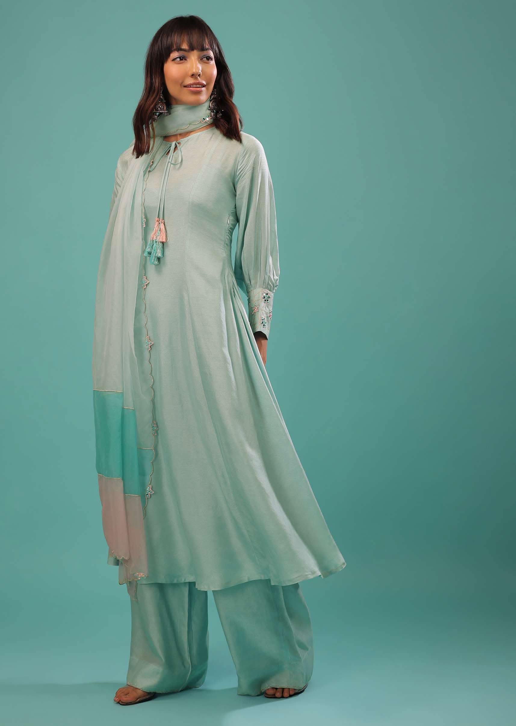 Powder Blue Silk A Line Palazzo Suit With Mirror Work - Image 3