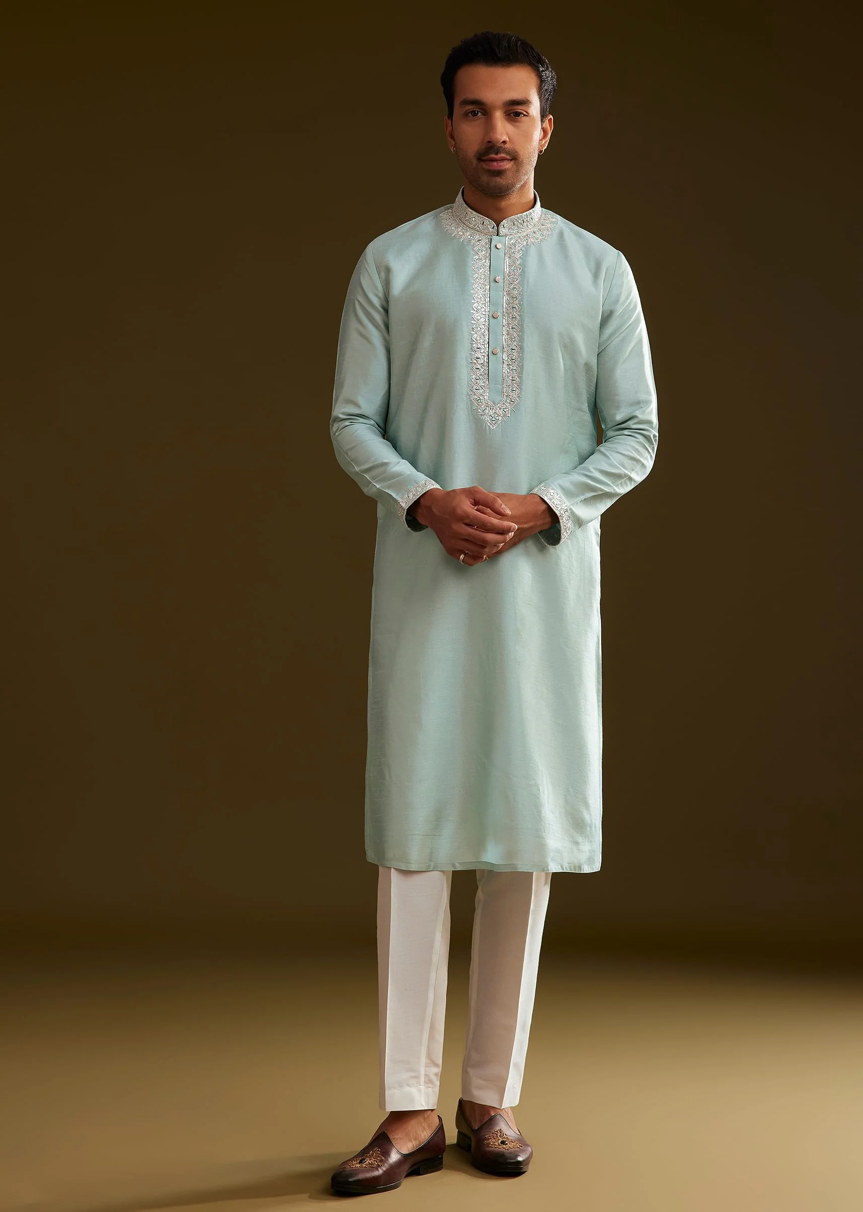 Glacier Blue Silk Kurta Set With Yoke Embroidery - Image 2