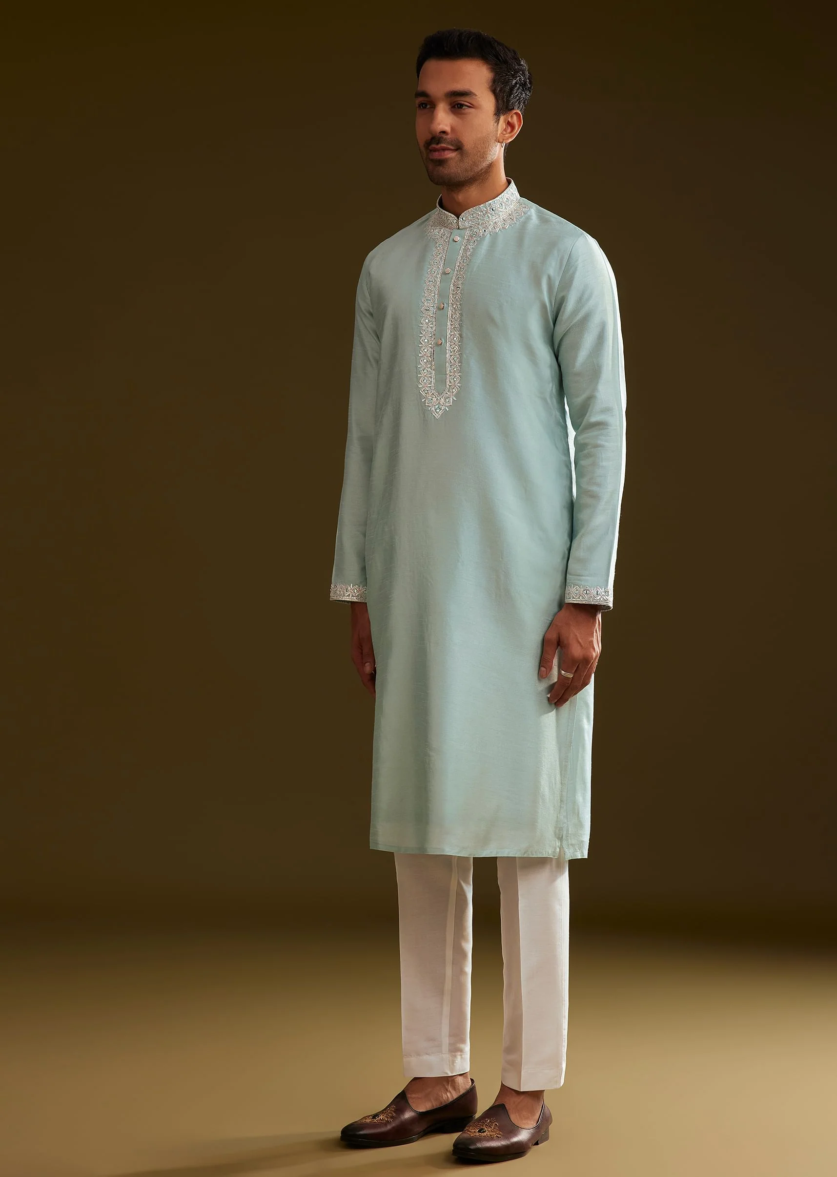 Glacier Blue Silk Kurta Set With Yoke Embroidery - Image 4