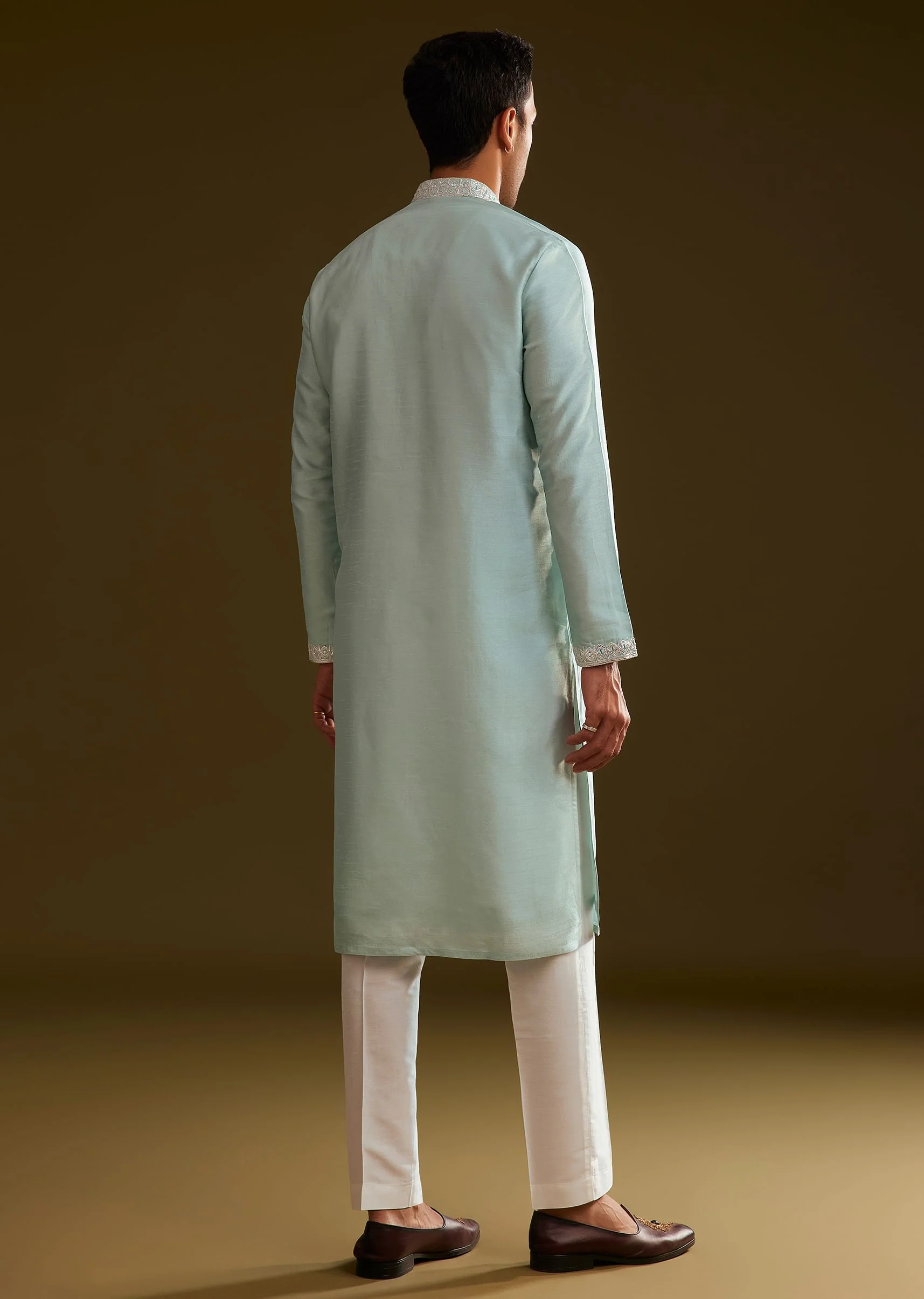 Glacier Blue Silk Kurta Set With Yoke Embroidery - Image 5