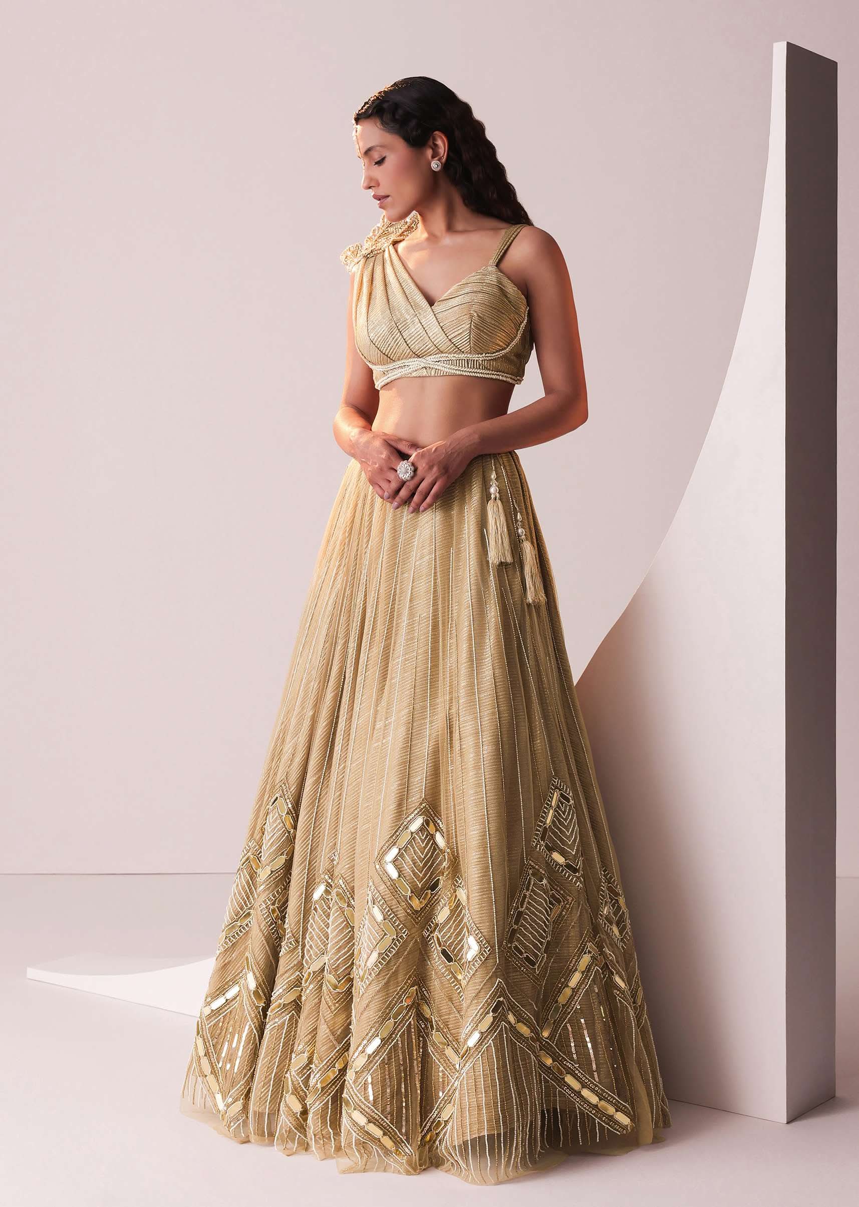 Glam Gold Embroidered Lehenga Set In Knit Stretchable Fabric - Image 3