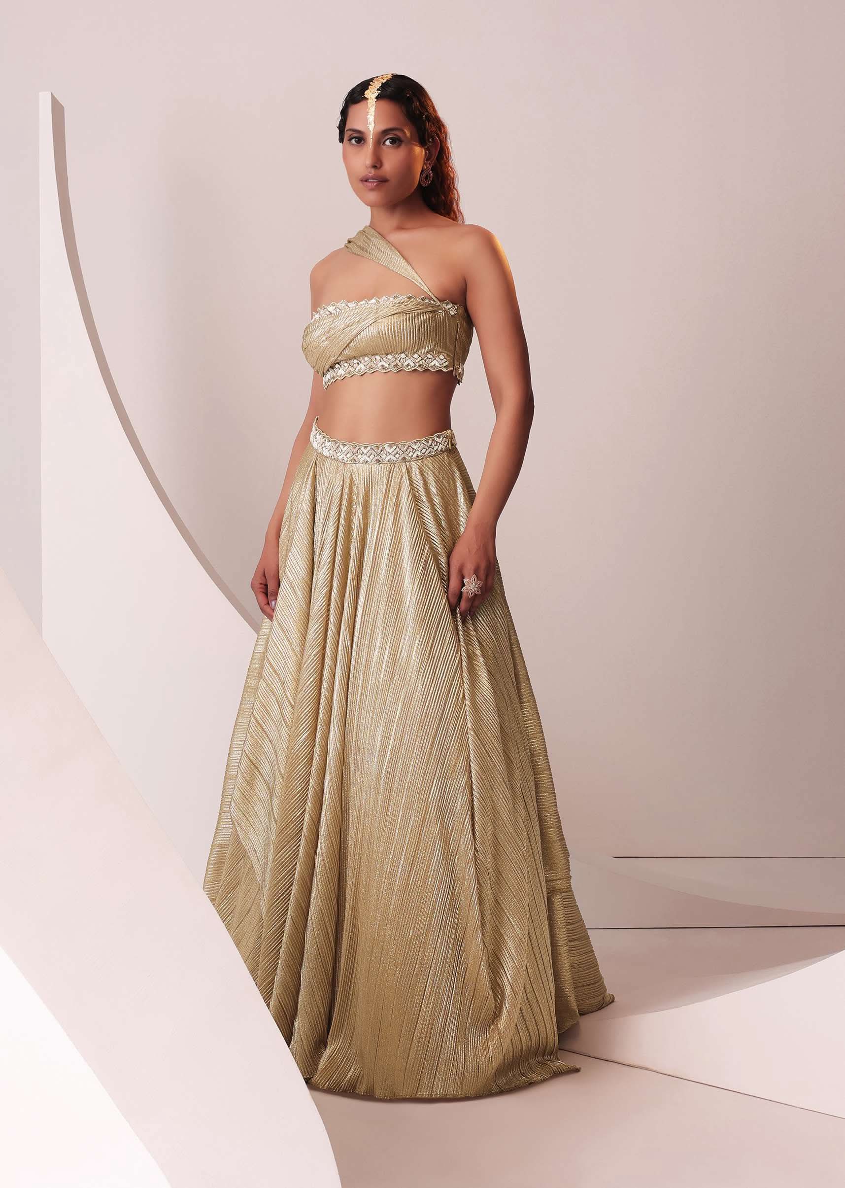 Glam Gold Lehenga Set In In Knit Strechable Fabric - Image 3
