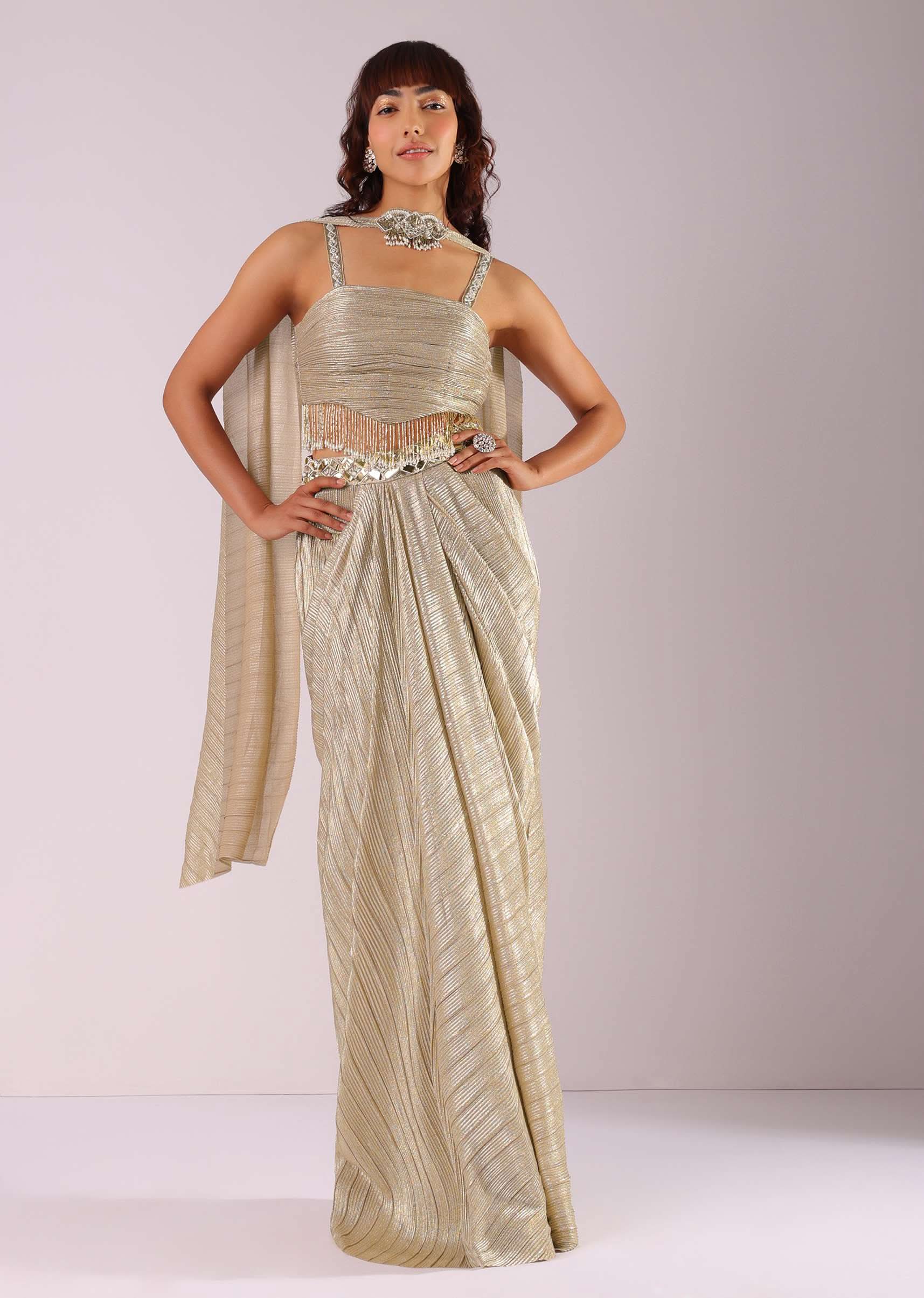 Glam Gold Pleated Skirt And Top With Embroidered Choker Dupatta - Image 3