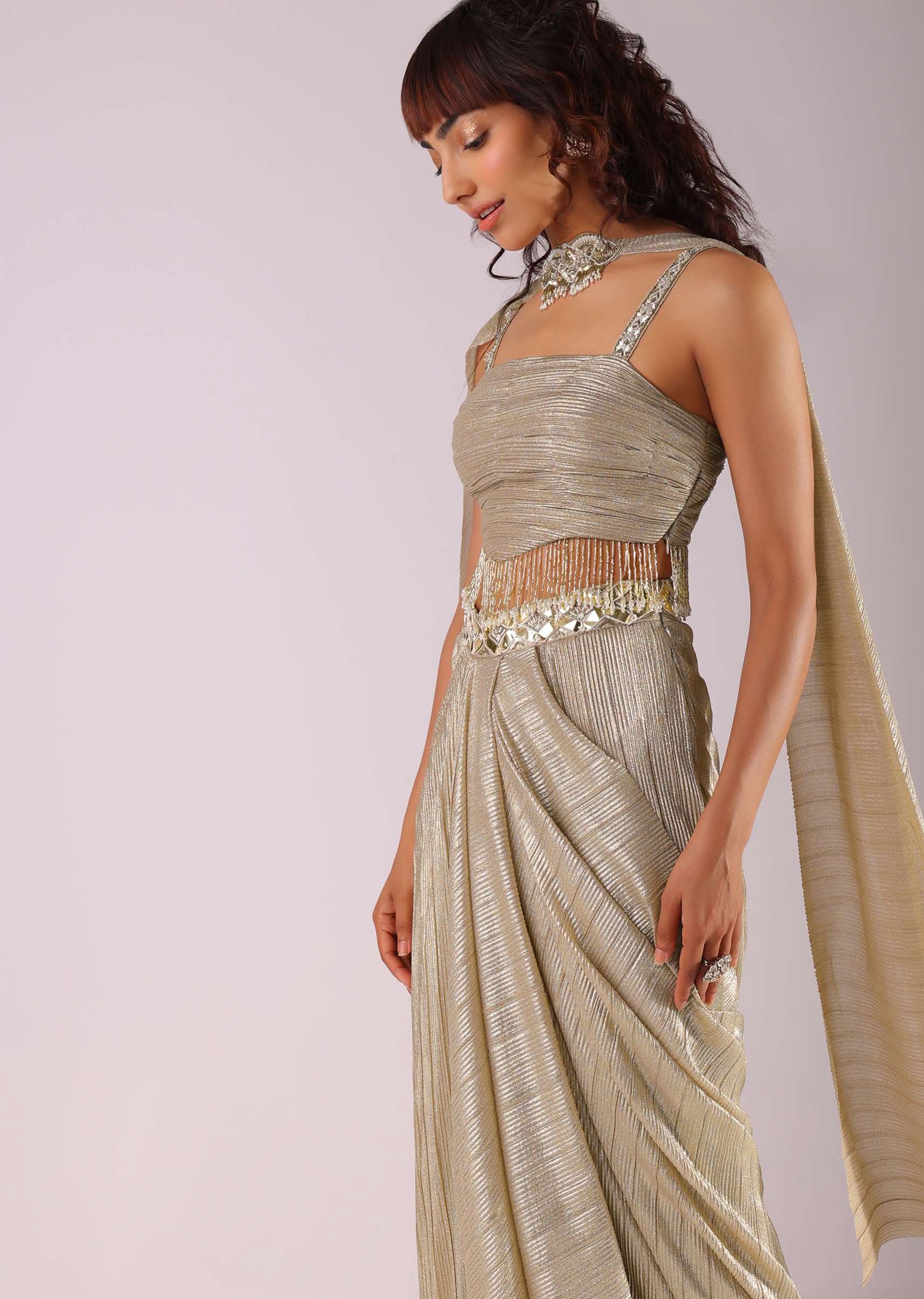 Glam Gold Pleated Skirt And Top With Embroidered Choker Dupatta - Image 4