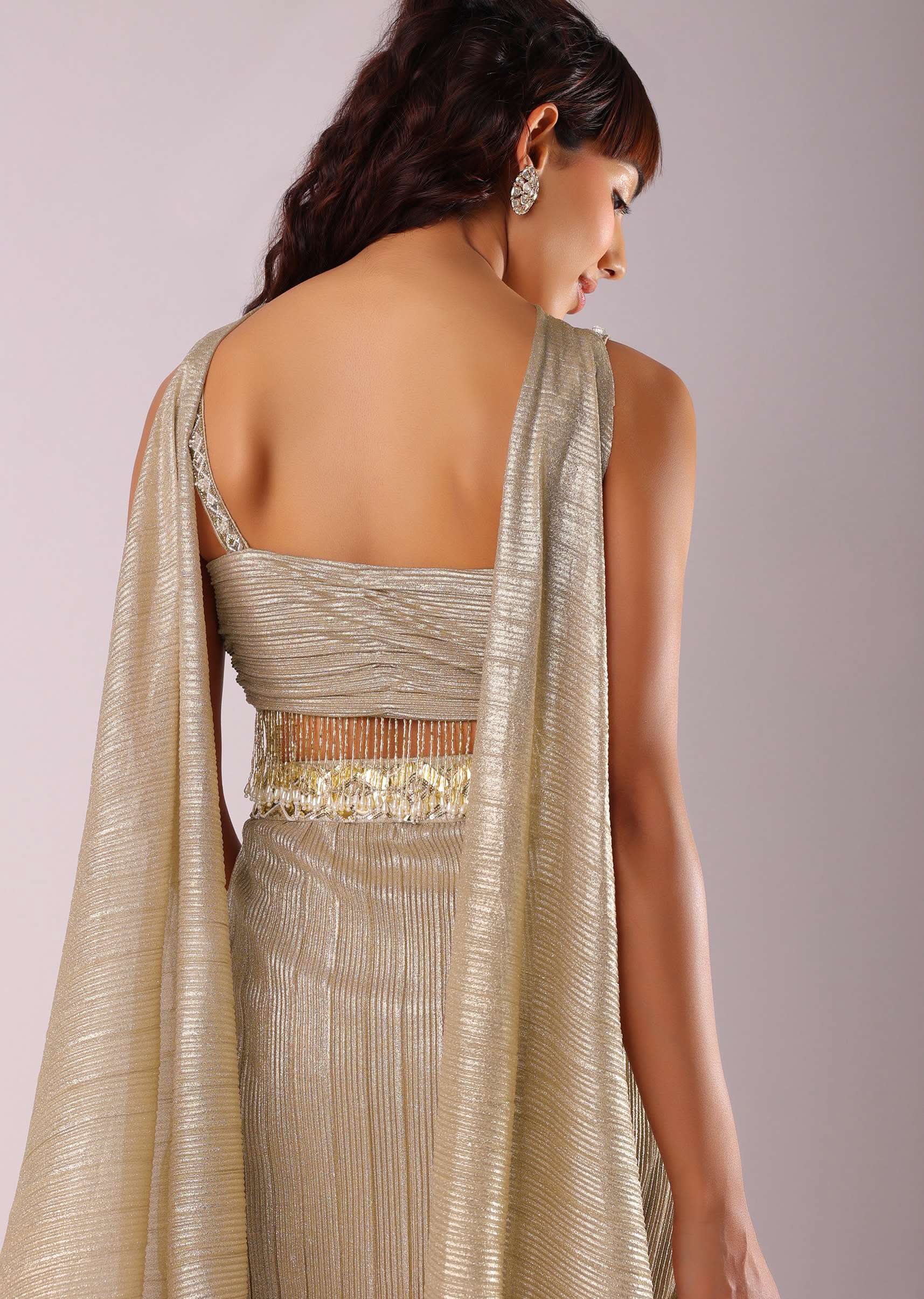 Glam Gold Pleated Skirt And Top With Embroidered Choker Dupatta - Image 6