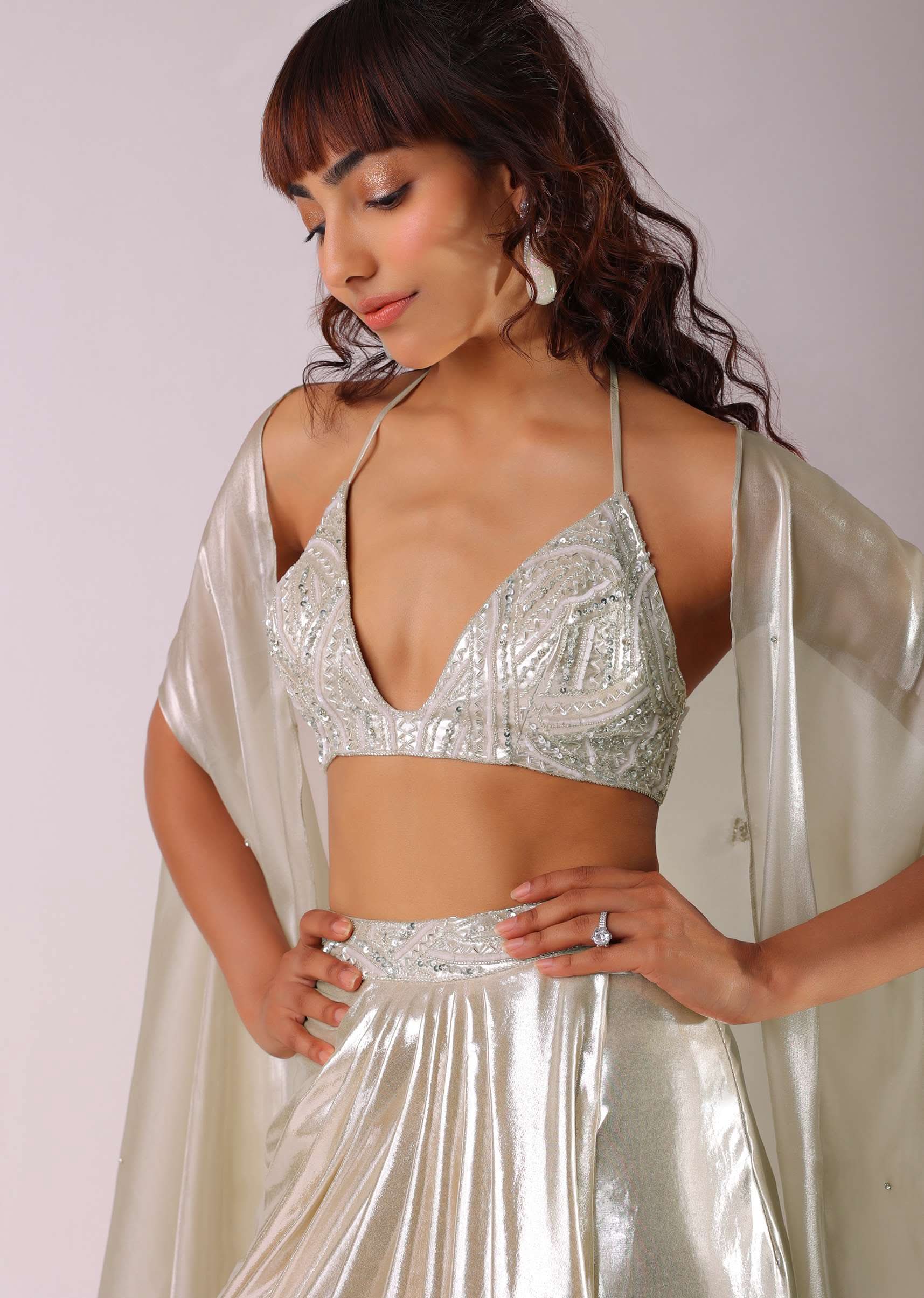 Glam Silver Embroidered Pleated Skirt And Blouse In Lycra With Organza Shrug - Image 4
