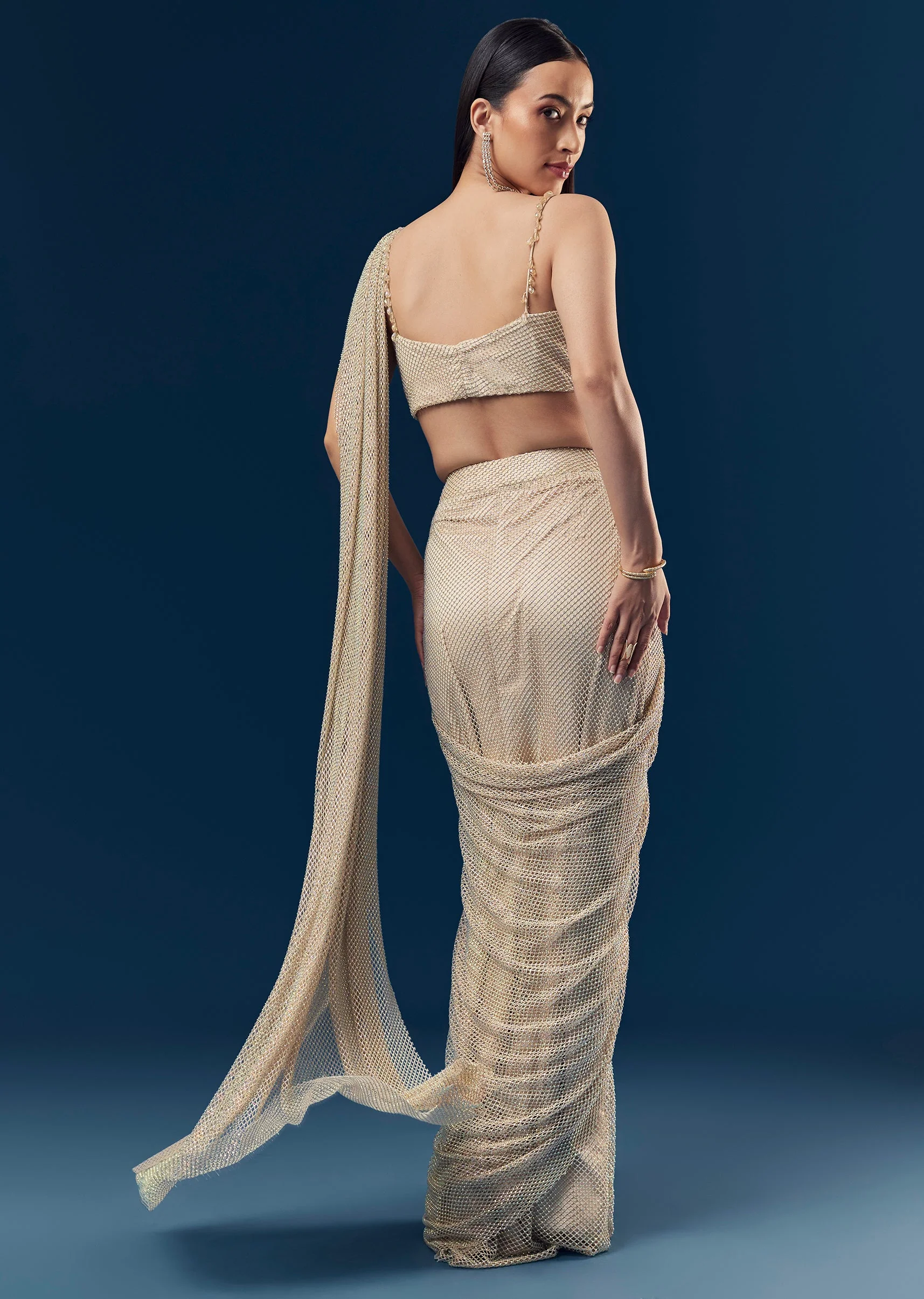 Gold And Beige Satin Ready Pleated Saree With Stone Detail Work - Image 2