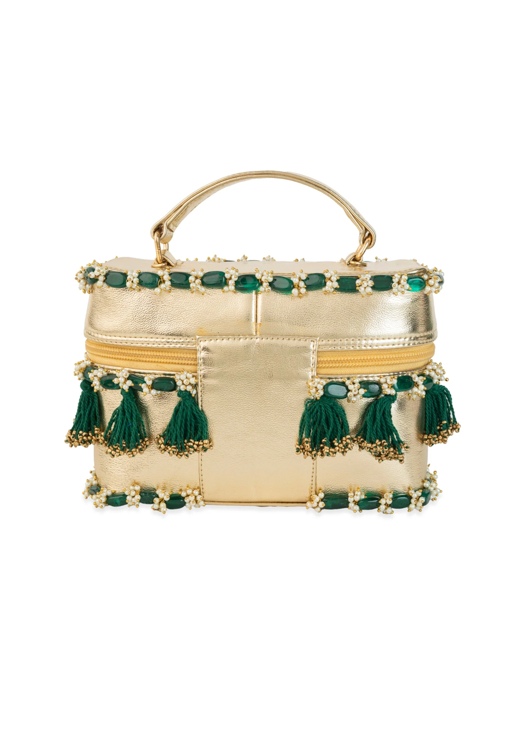 Gold and Green Tassel Drop Bead Embroidered Potli Bucket Bag - Image 3