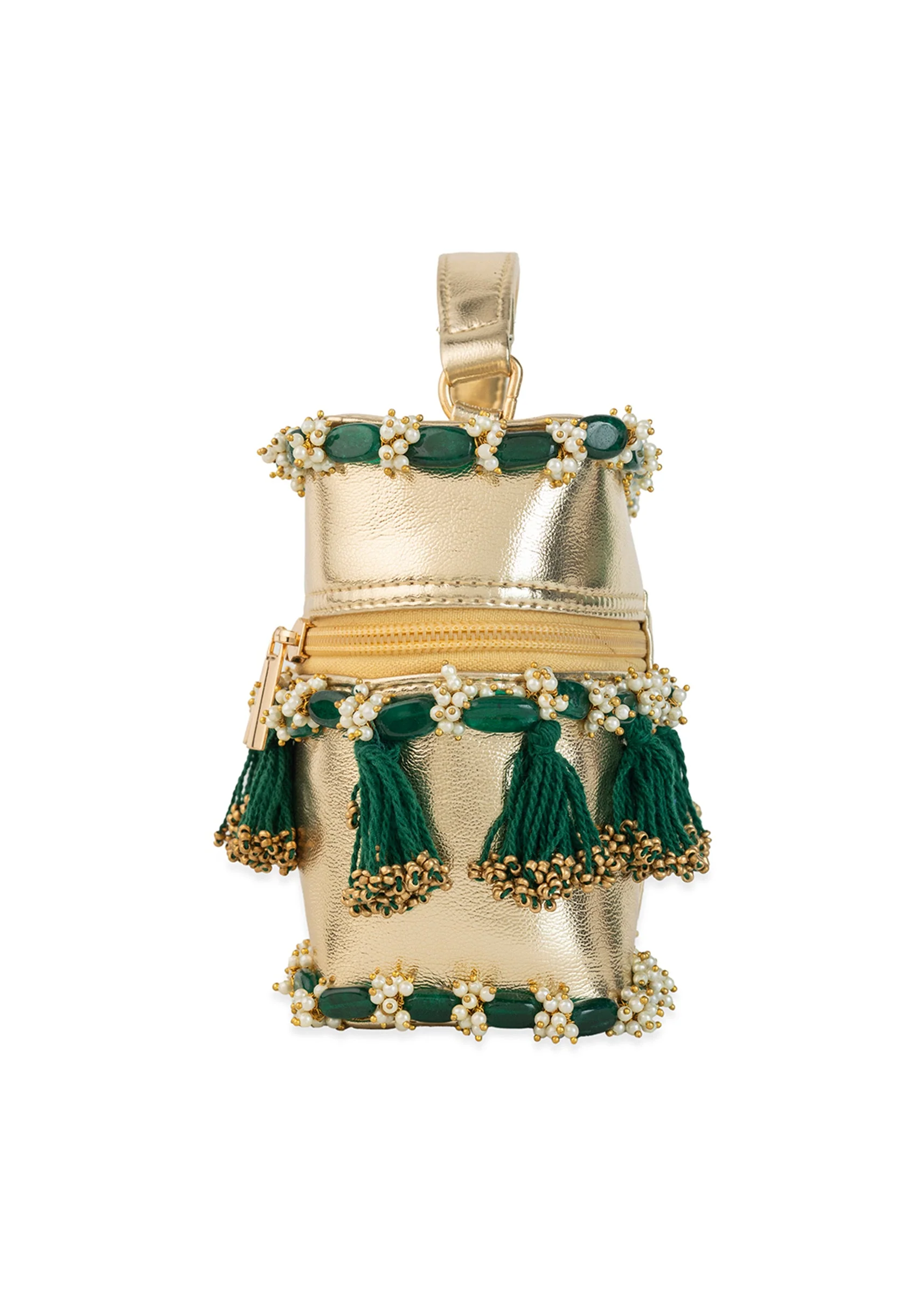 Gold and Green Tassel Drop Bead Embroidered Potli Bucket Bag - Image 4