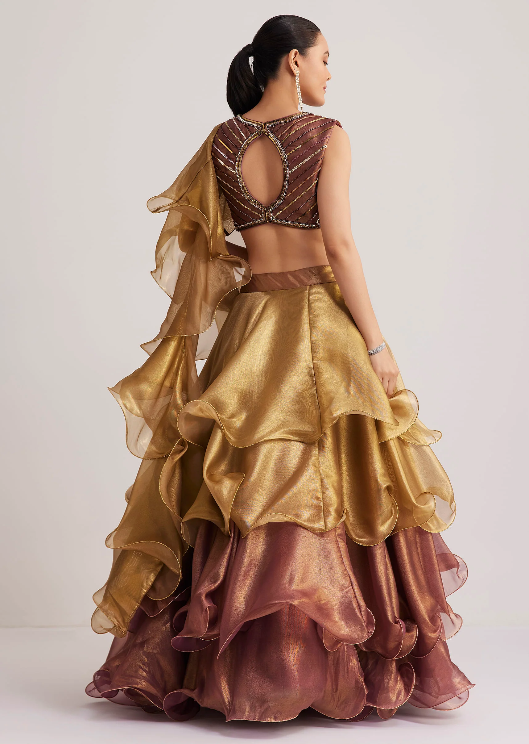 Gold And Mauve Organza Embellished Lehenga Set - Image 6
