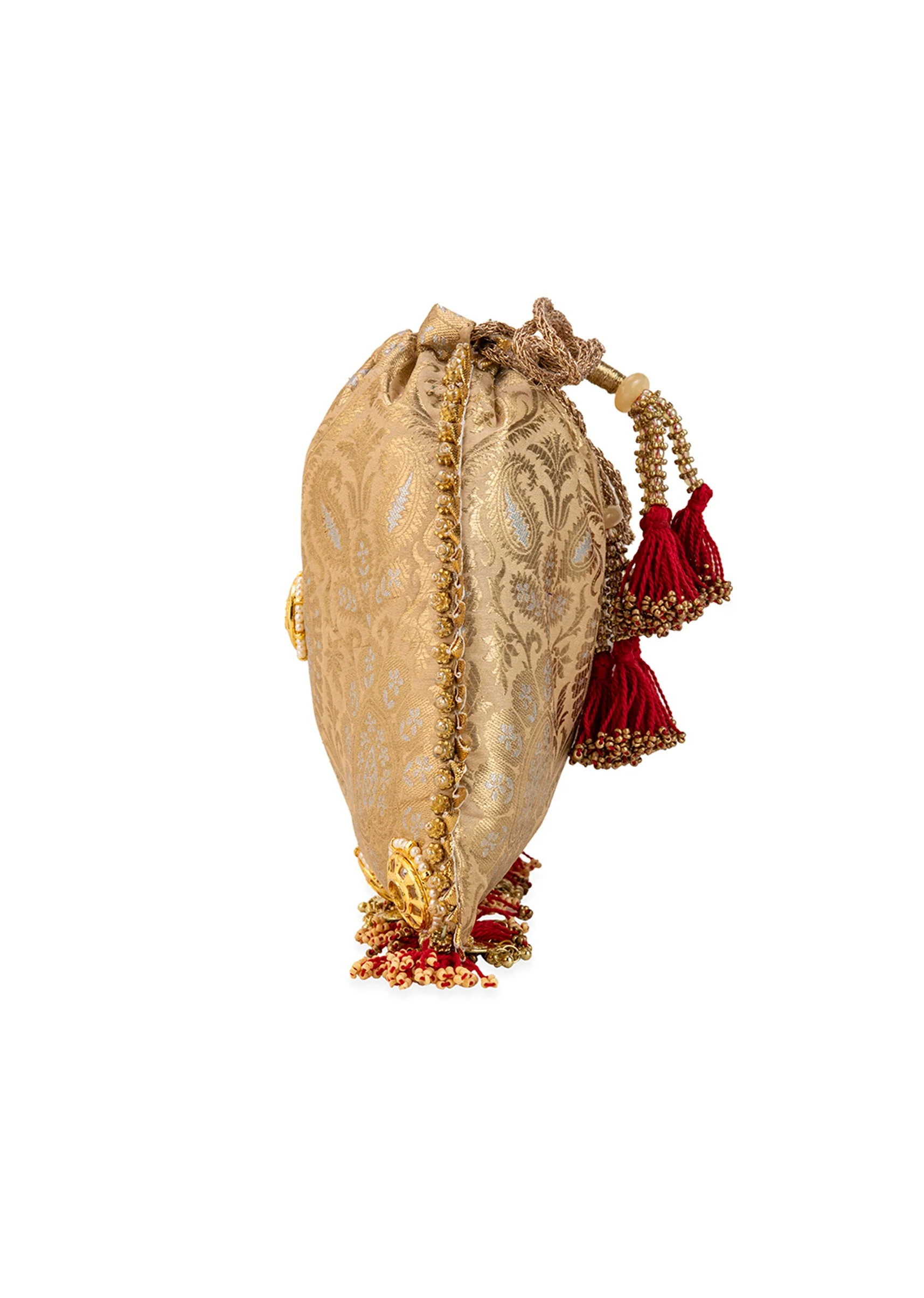 Gold and Red Floral Motif Kundan Embellished Potli Bag - Image 4