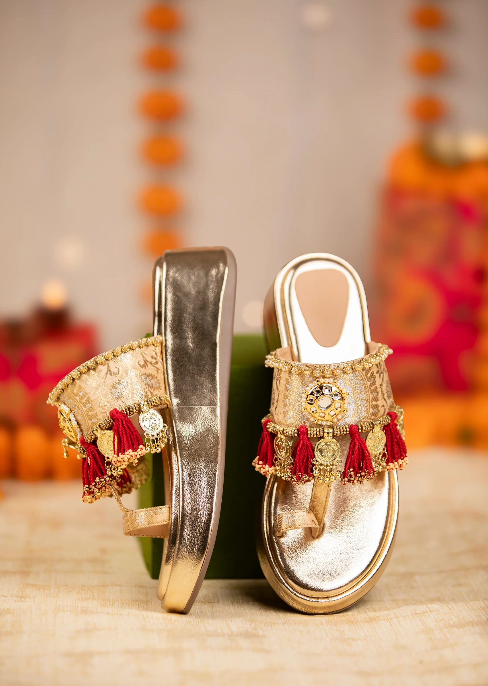 Gold Antique Coin Embellished Tassel Wedges