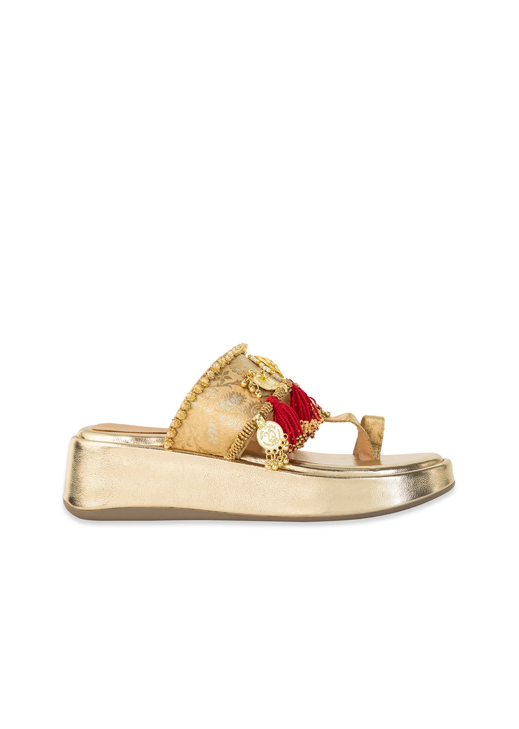 Gold Antique Coin Embellished Tassel Wedges - Image 6