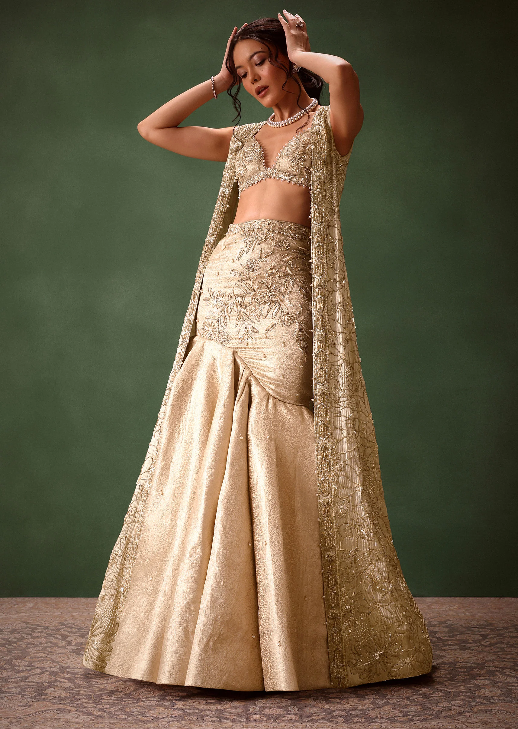 Gold Banarasi Embroidered Long Jacket With Sleeveless Blouse And Fishcut Lehenga - Image 4