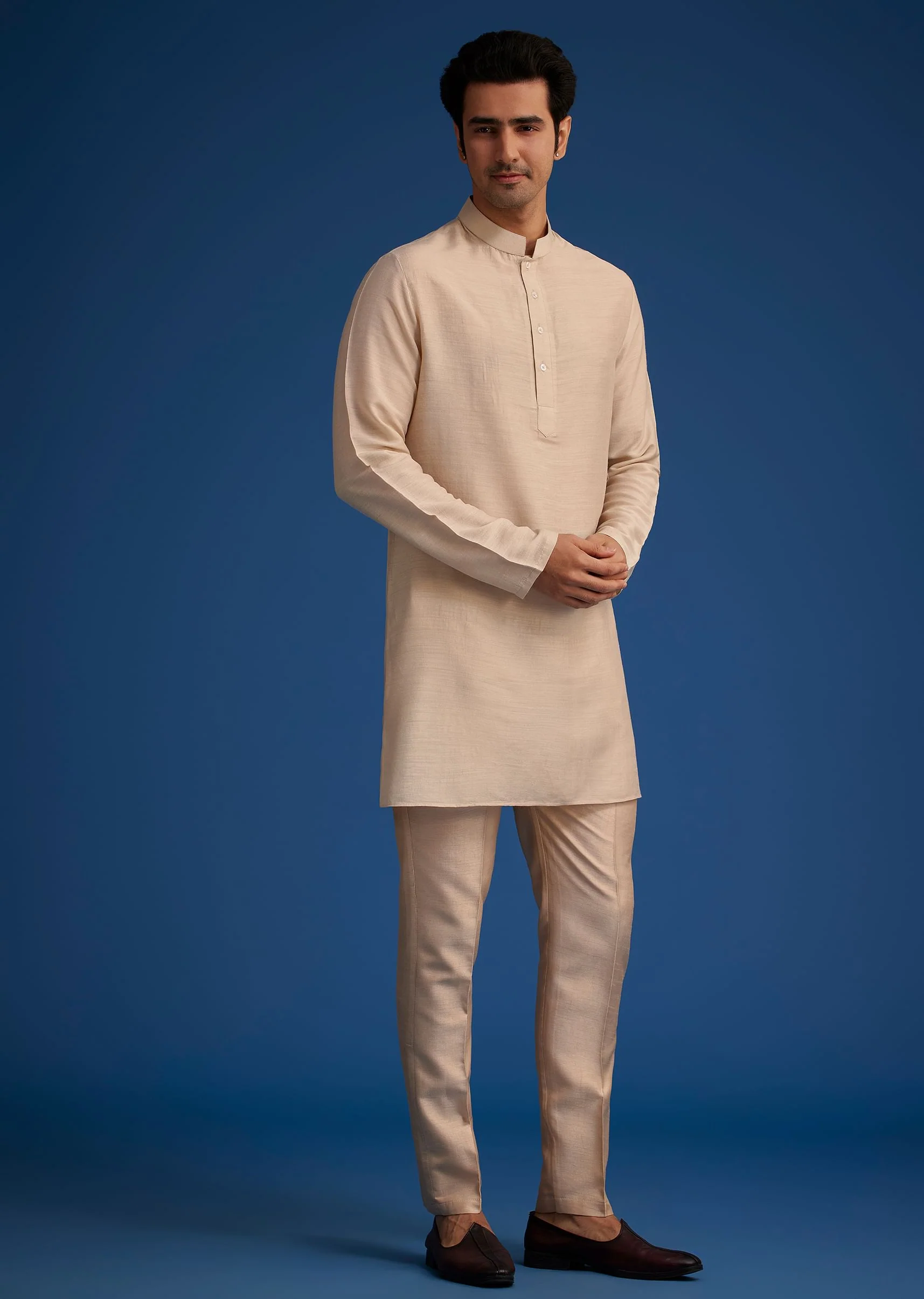 Gold Beige Banarasi Silk Kurta Jacket Set With Self Work - Image 6