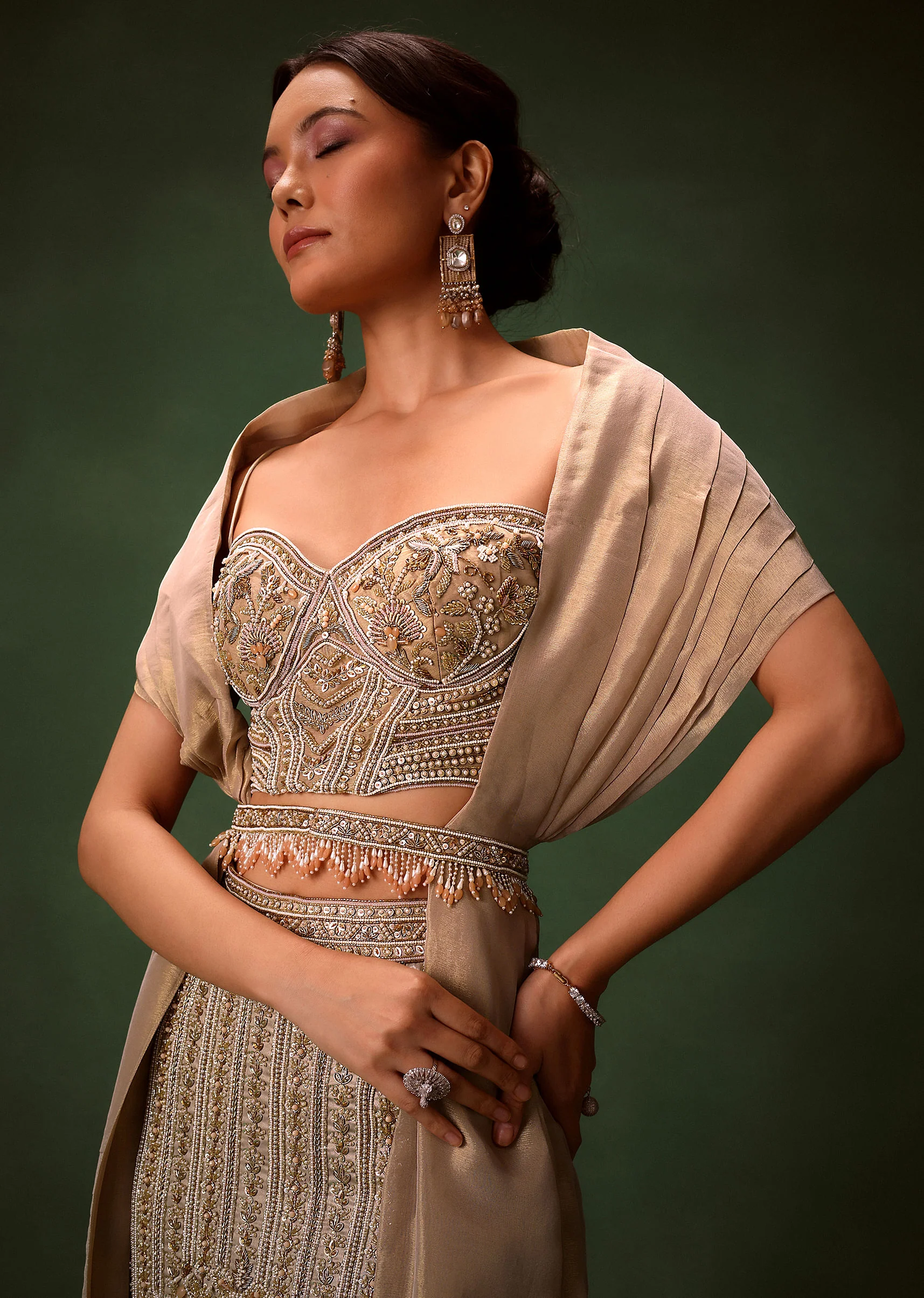 Gold Beige Fish-Cut Lehenga Set With Draped Dupatta And Waist Belt - Image 2