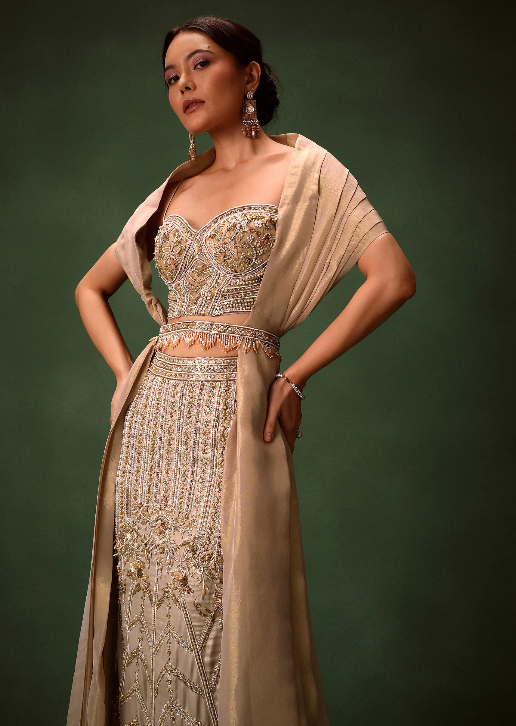 Gold Beige Fish-Cut Lehenga Set With Draped Dupatta And Waist Belt - Image 4