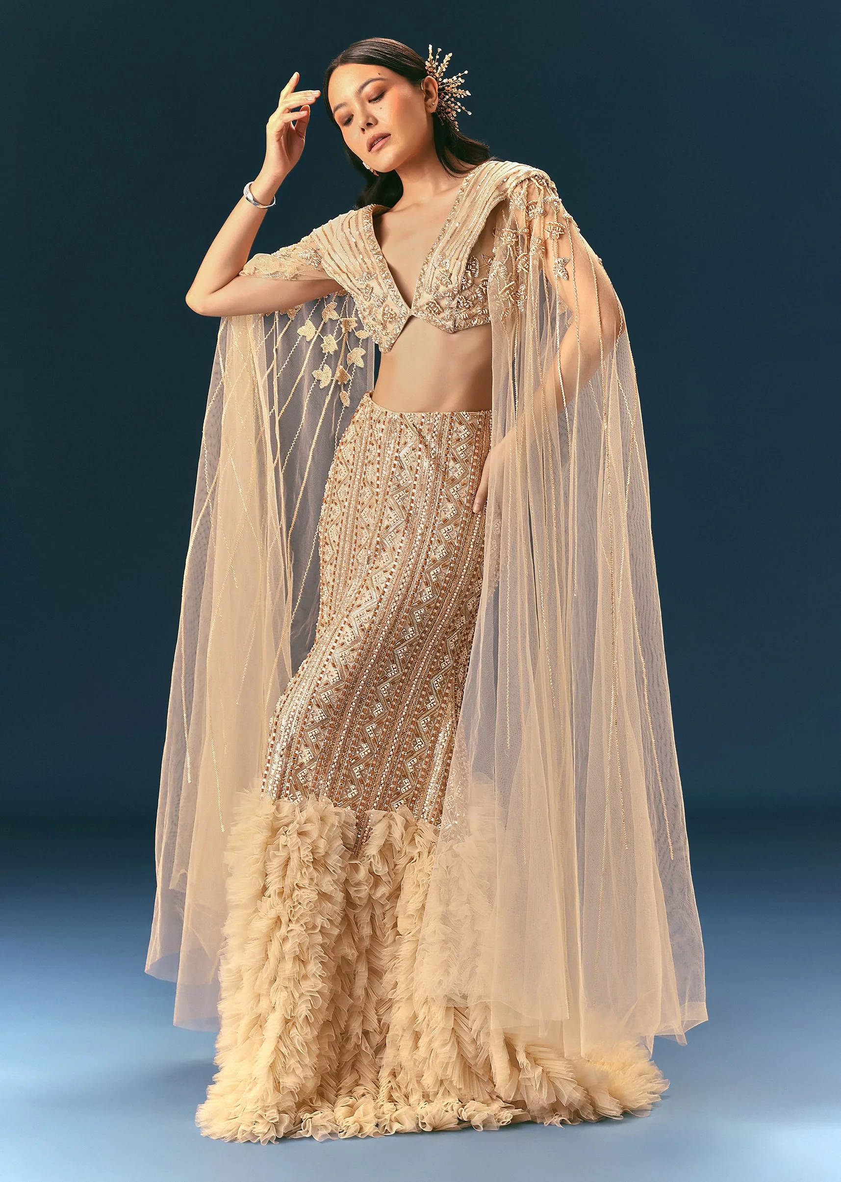 Gold Beige Mermaid Lehenga Set With Frills