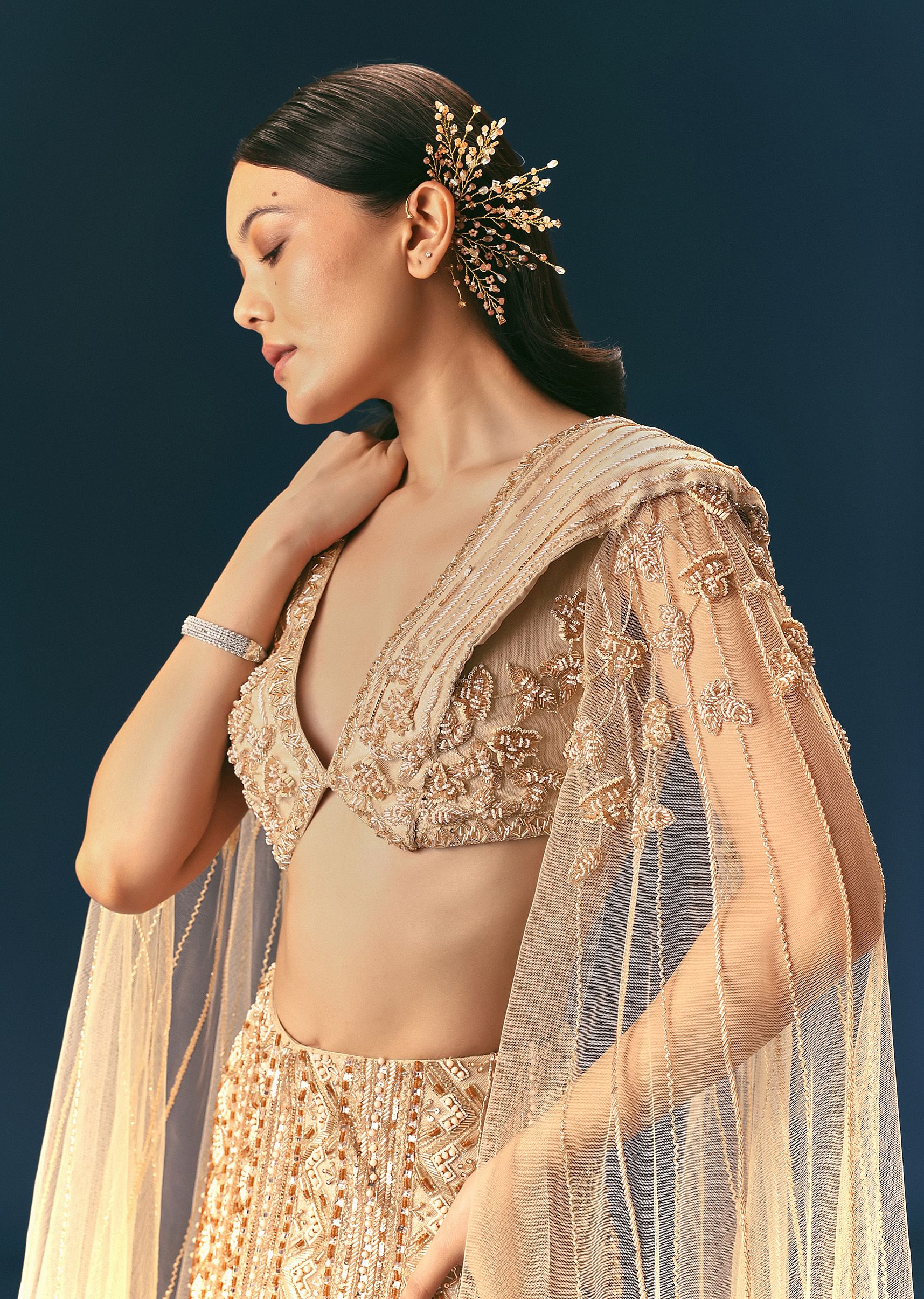 Gold Beige Mermaid Lehenga Set With Frills - Image 2