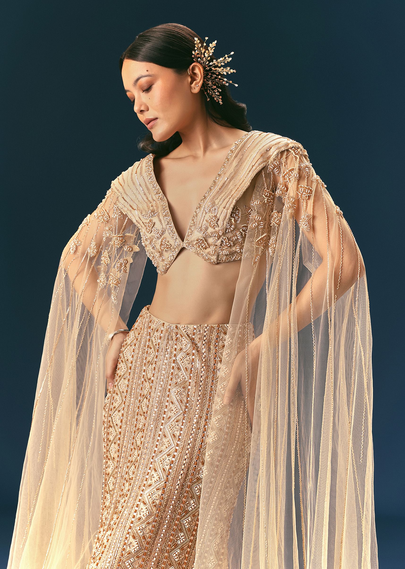 Gold Beige Mermaid Lehenga Set With Frills - Image 4