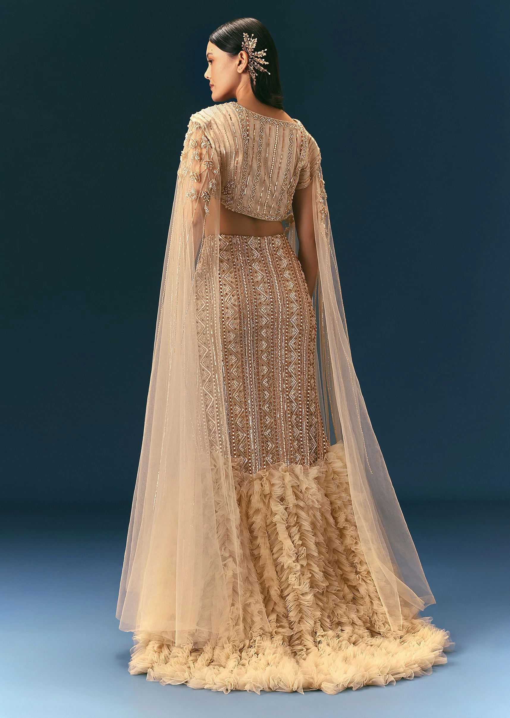 Gold Beige Mermaid Lehenga Set With Frills - Image 5
