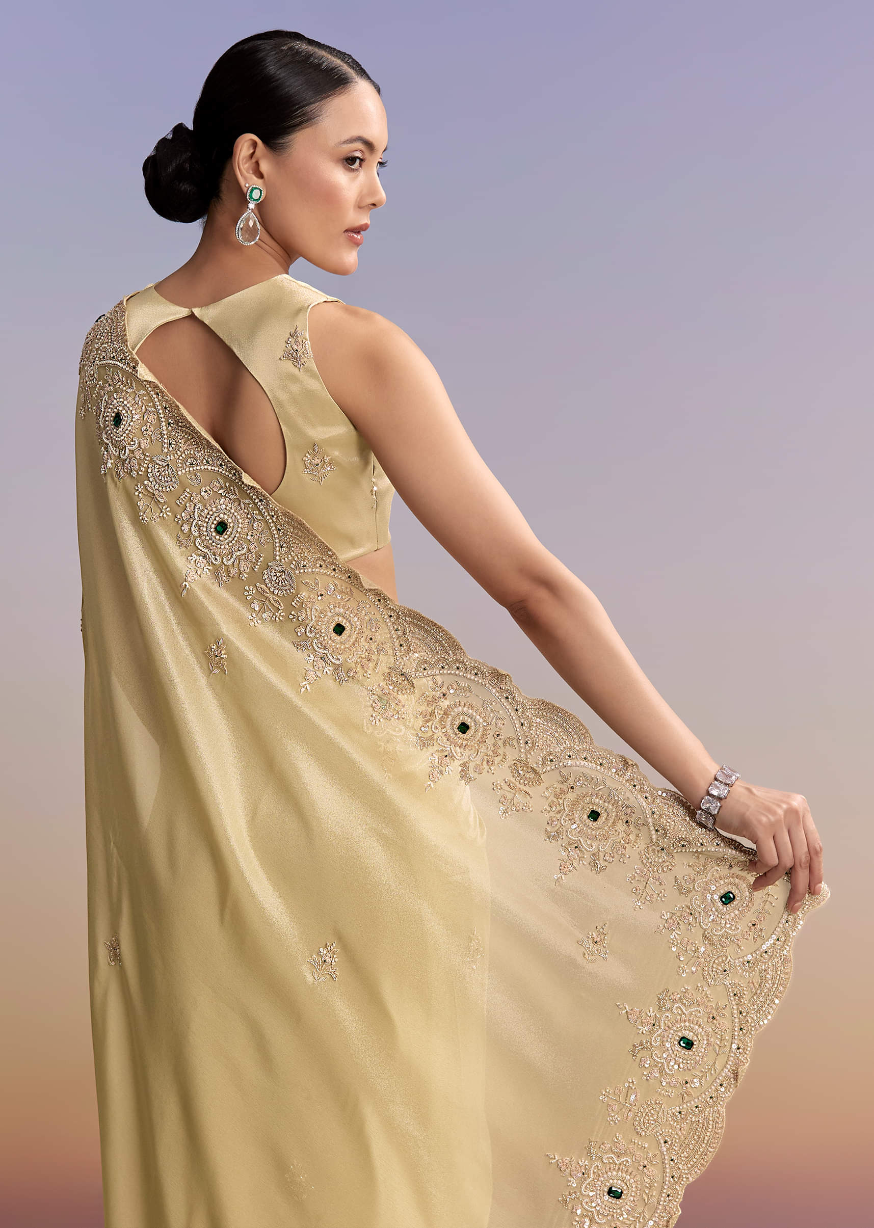 Gold Beige Tissue Saree With Heavy Embroidery - Image 6