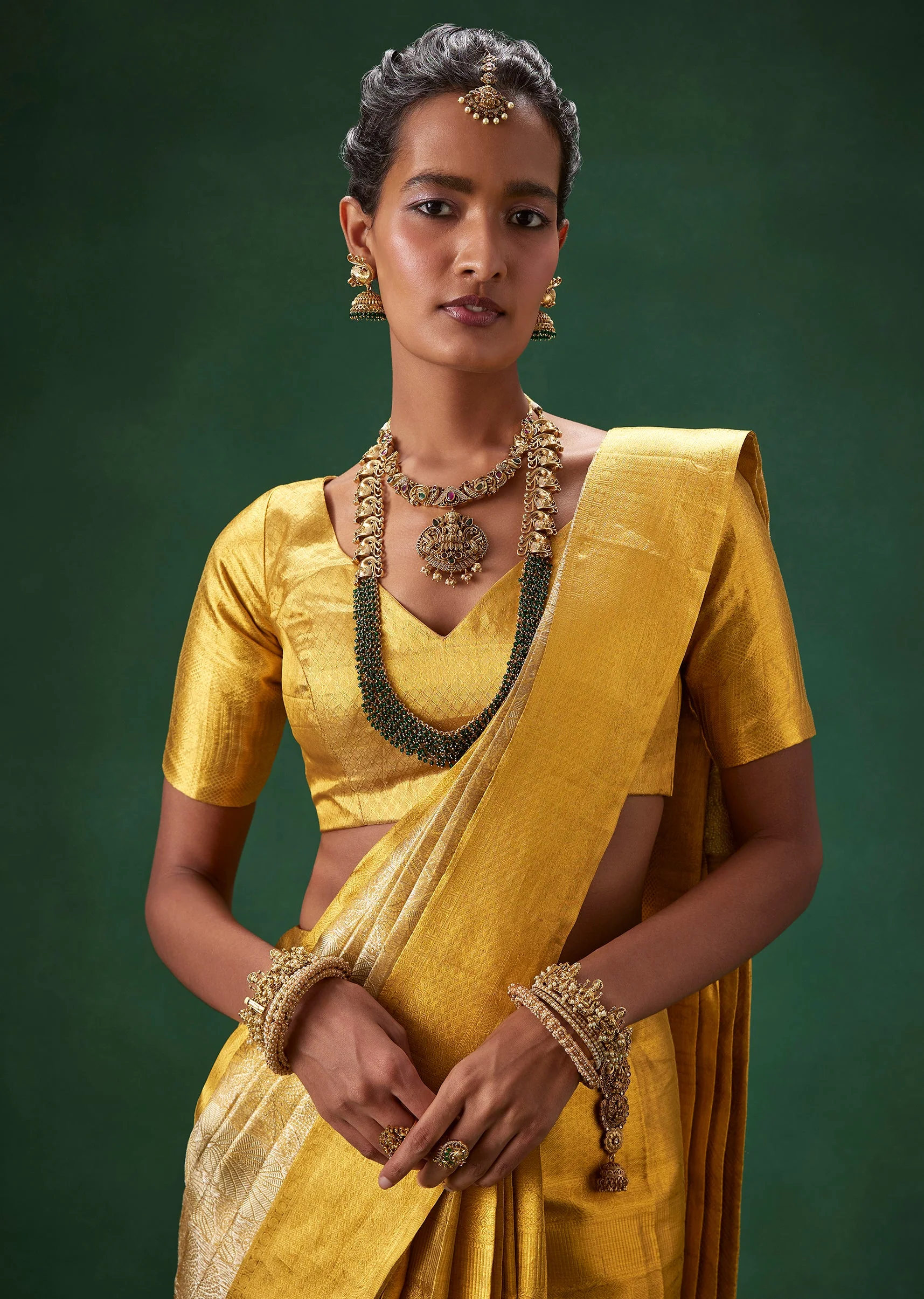 Gold Bridal Kanjivaram Floral Motif Saree with Unstitched Blouse - Image 3