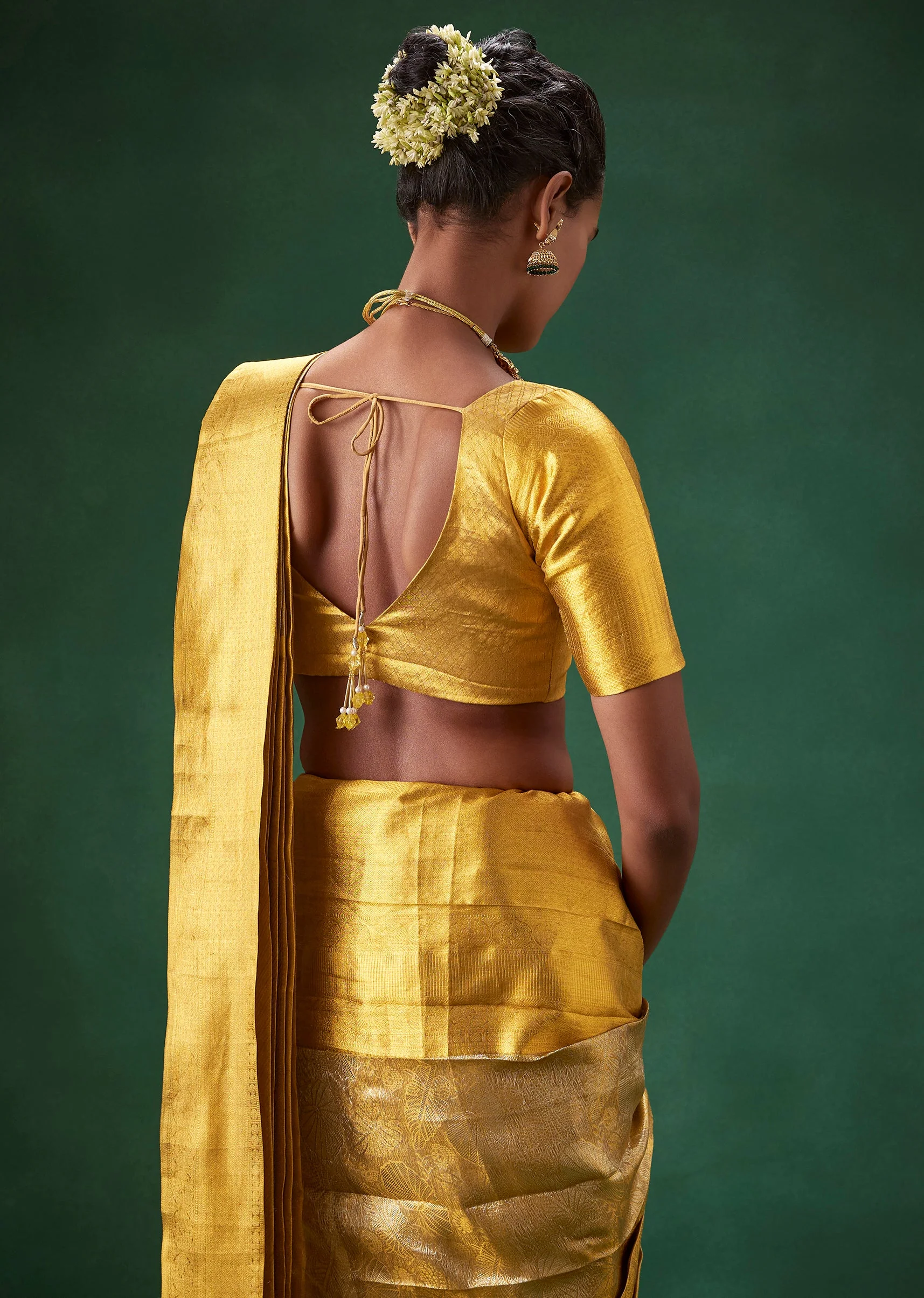 Gold Bridal Kanjivaram Floral Motif Saree with Unstitched Blouse - Image 5
