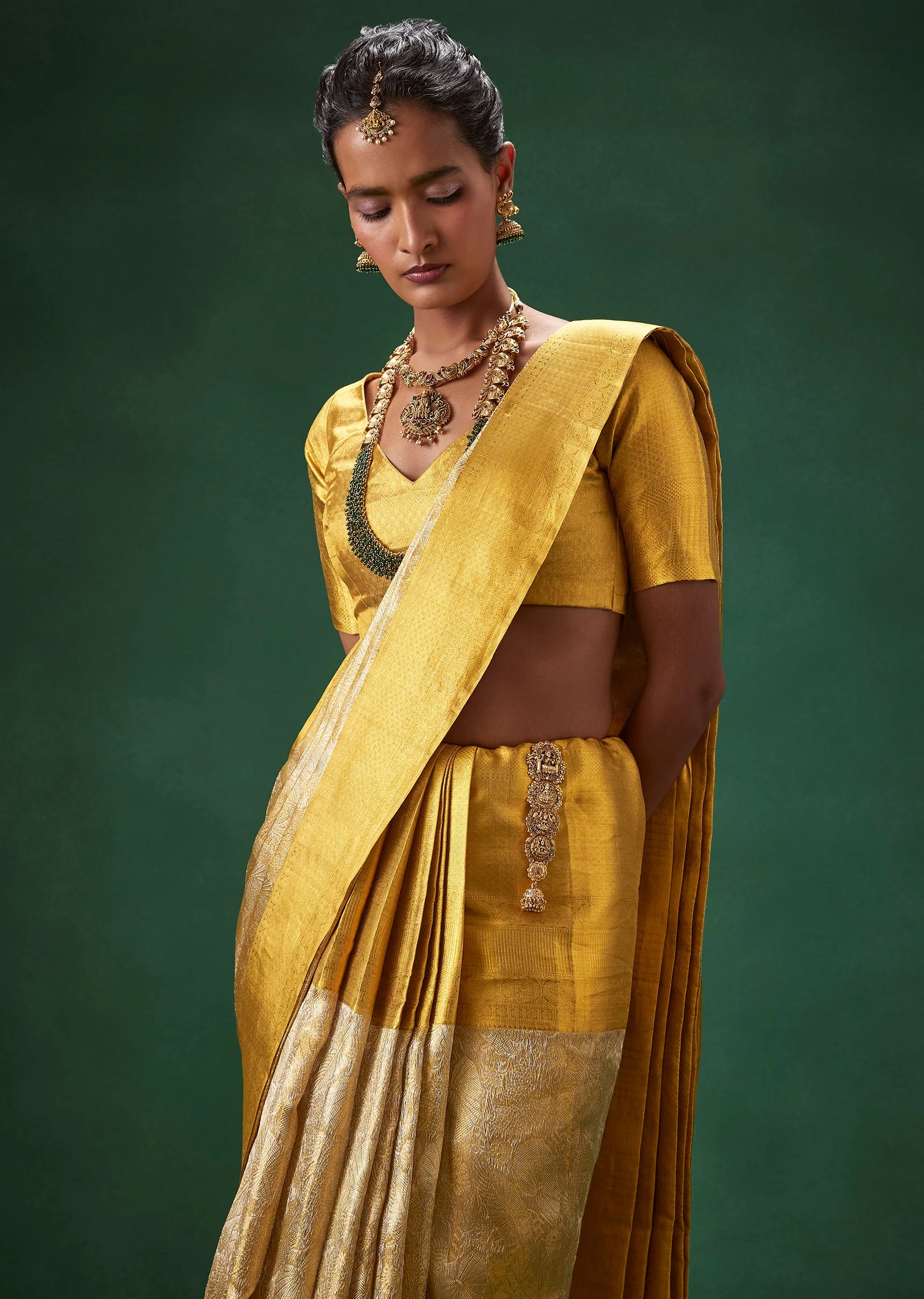 Gold Bridal Kanjivaram Floral Motif Saree with Unstitched Blouse - Image 6