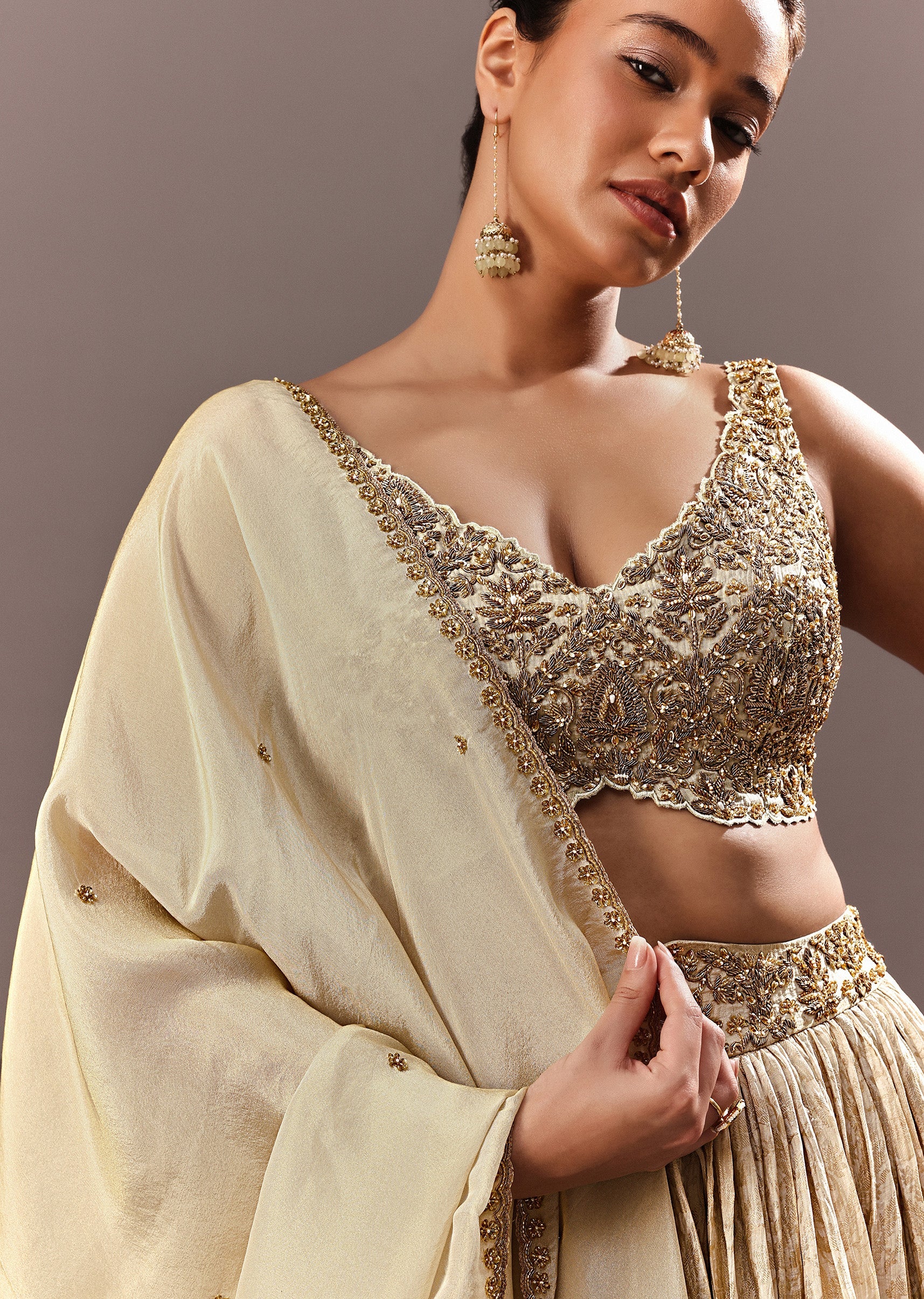 Gold Bridesmaid Brocade Lehenga With Embroidered Blouse And Dupatta - Image 2