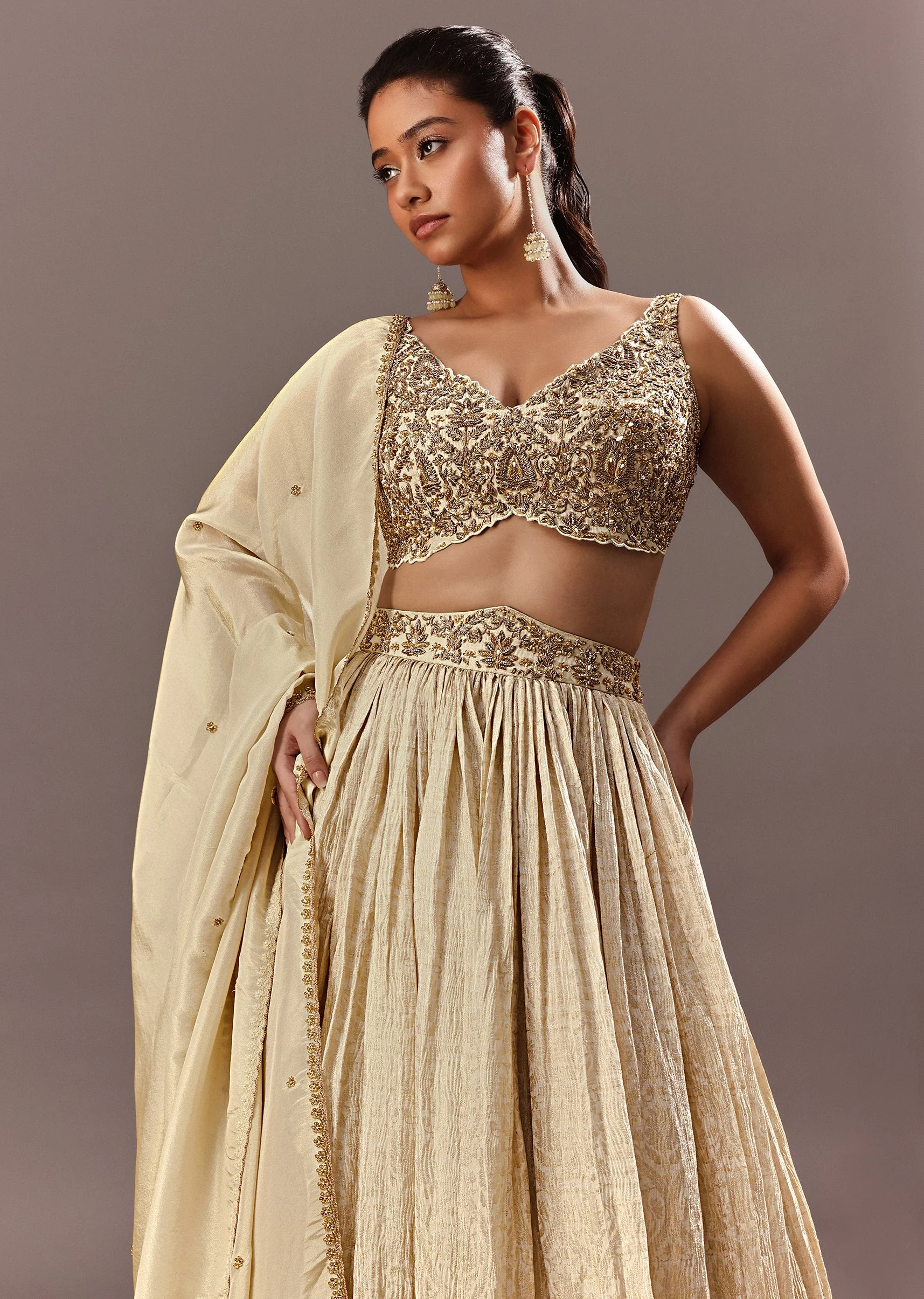 Gold Bridesmaid Brocade Lehenga With Embroidered Blouse And Dupatta - Image 4