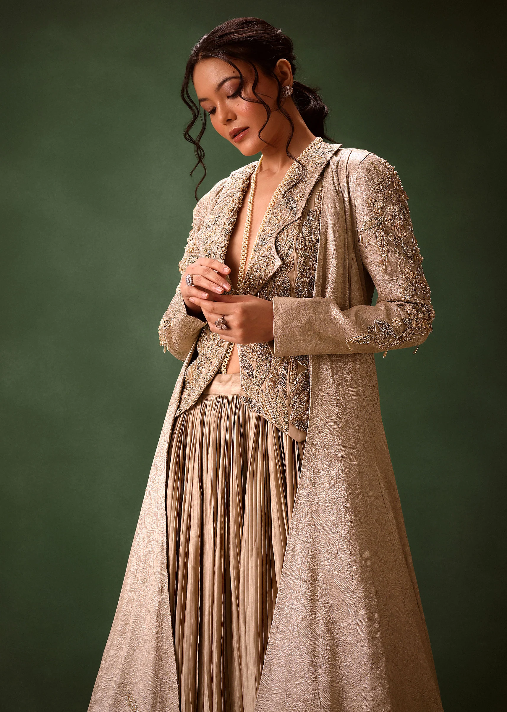 Gold Brocade Jacket And Rushing Skirt Suit - Image 6