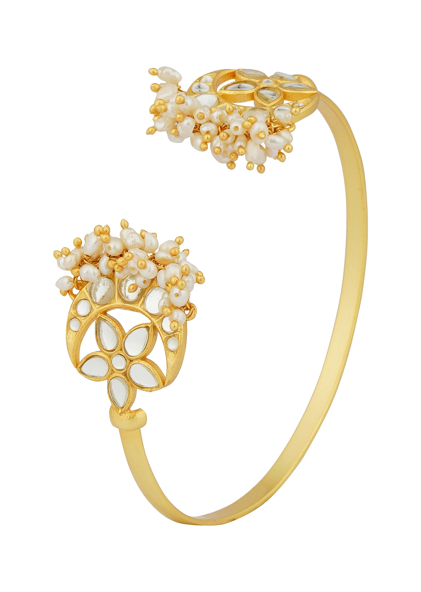 Gold Chaand Phool Bracelet With Mirror Polki And Pearls - Image 2