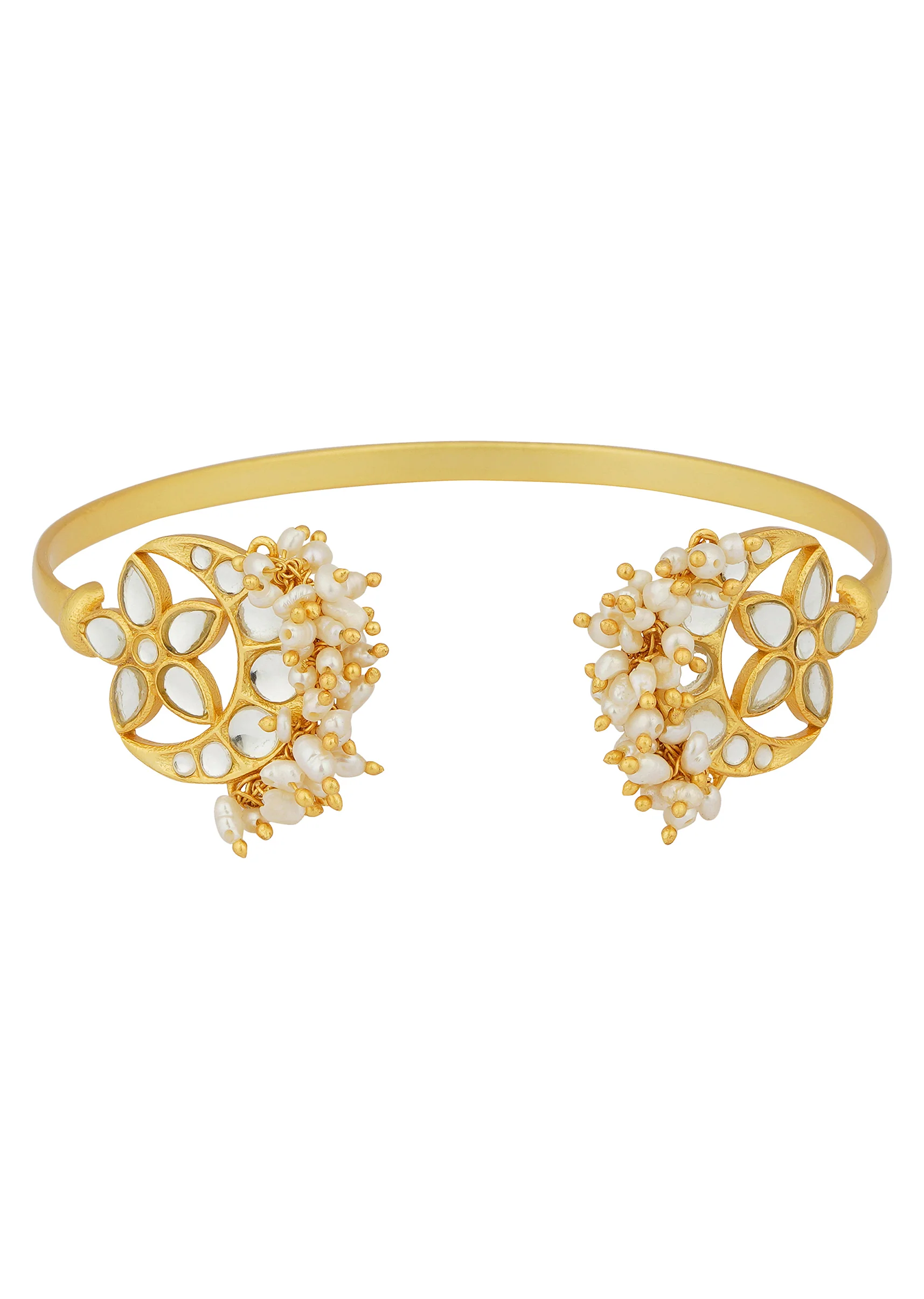 Gold Chaand Phool Bracelet With Mirror Polki And Pearls - Image 3