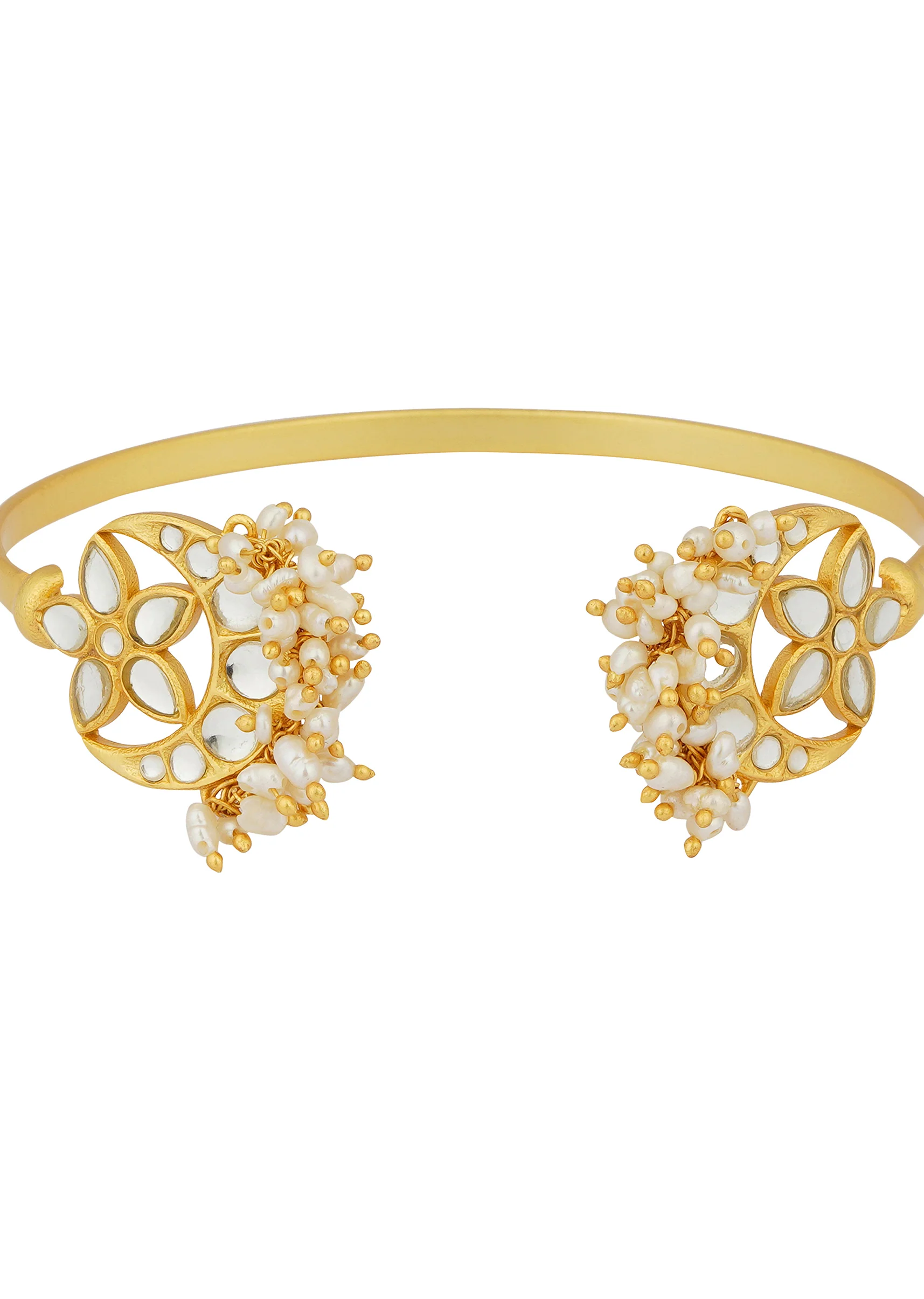 Gold Chaand Phool Bracelet With Mirror Polki And Pearls - Image 4