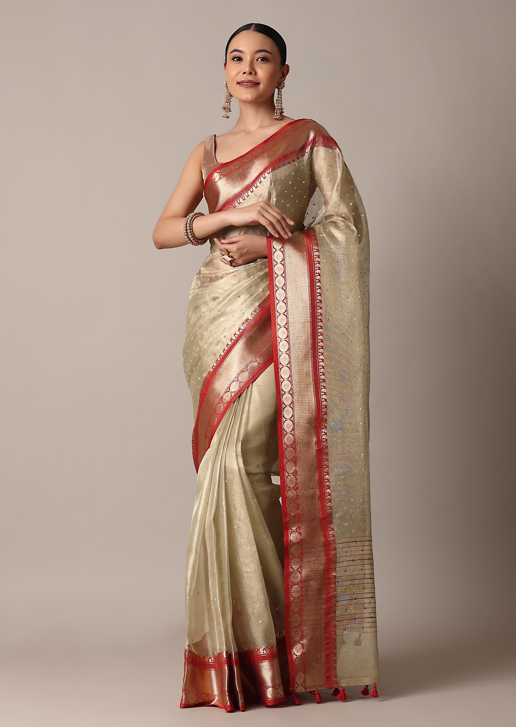 Gold Chanderi Kota Silk Woven Saree With Mirror Work And Unstitched Blouse Piece - Image 3