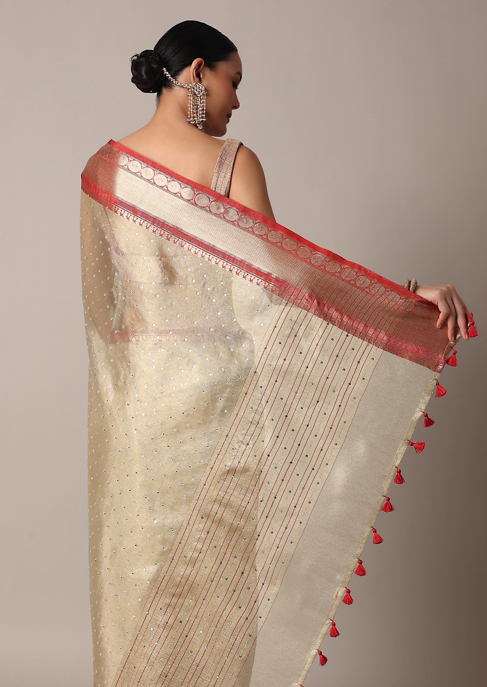 Gold Chanderi Kota Silk Woven Saree With Mirror Work And Unstitched Blouse Piece - Image 4