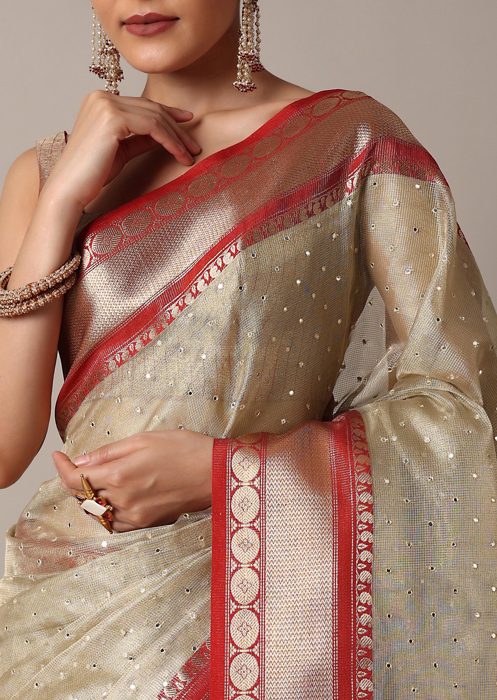 Gold Chanderi Kota Silk Woven Saree With Mirror Work And Unstitched Blouse Piece - Image 5