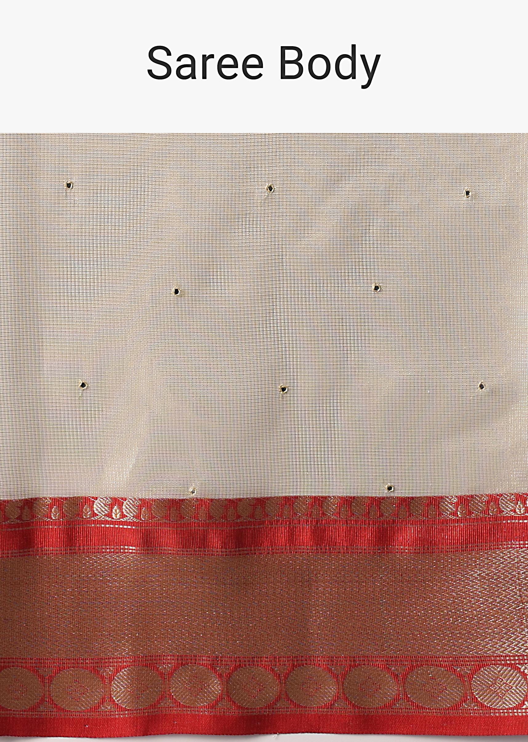 Gold Chanderi Kota Silk Woven Saree With Mirror Work And Unstitched Blouse Piece - Image 9