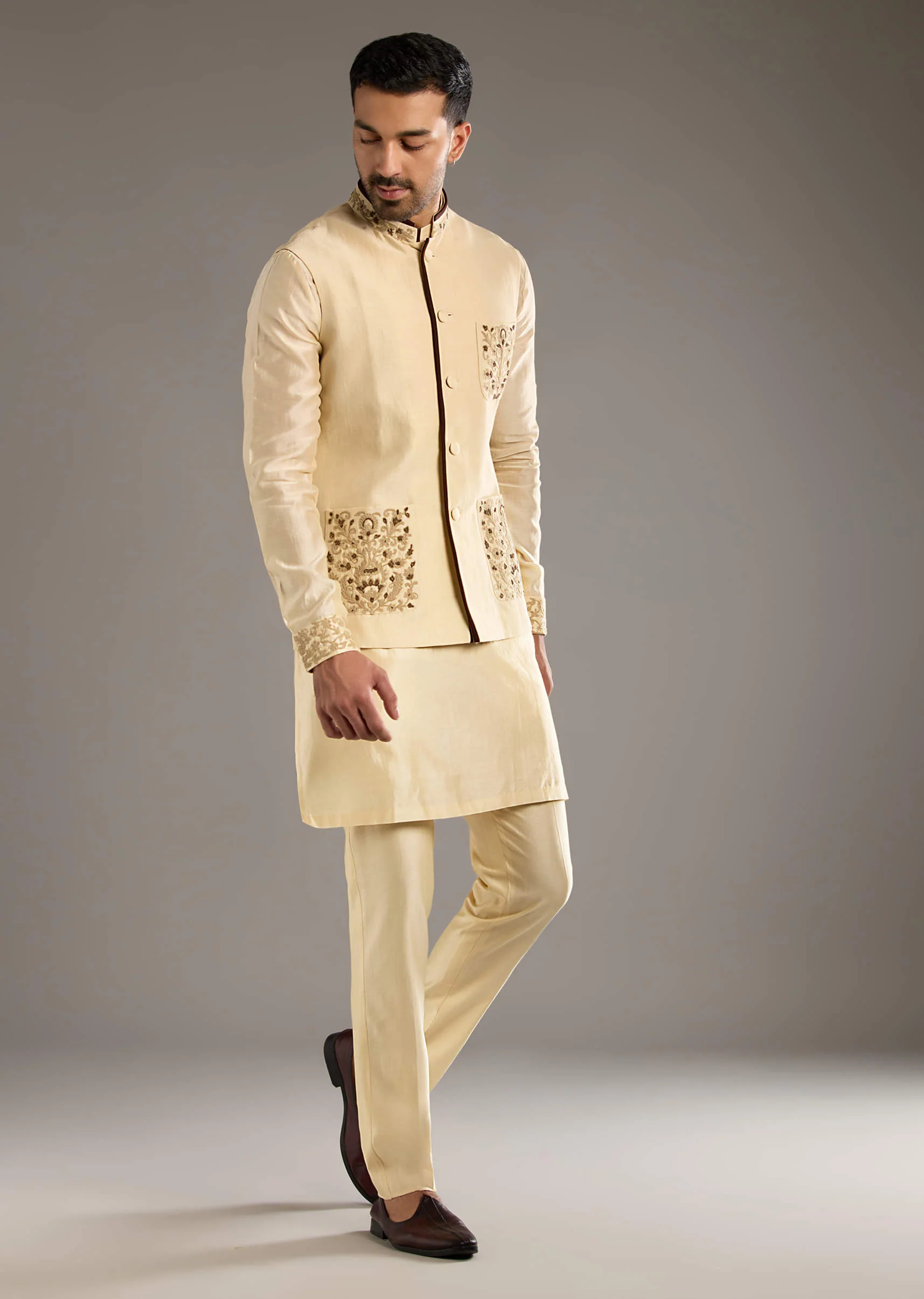 Gold Chanderi Linen Kurta Jacket Set For Men With Dori Work - Image 3