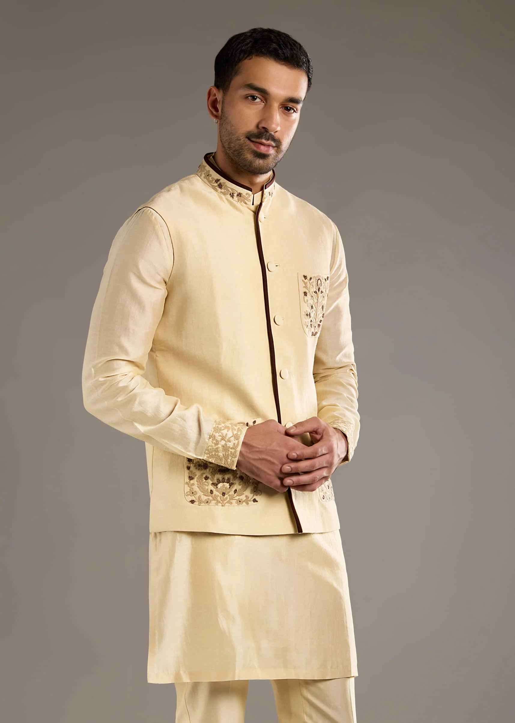 Gold Chanderi Linen Kurta Jacket Set For Men With Dori Work - Image 4