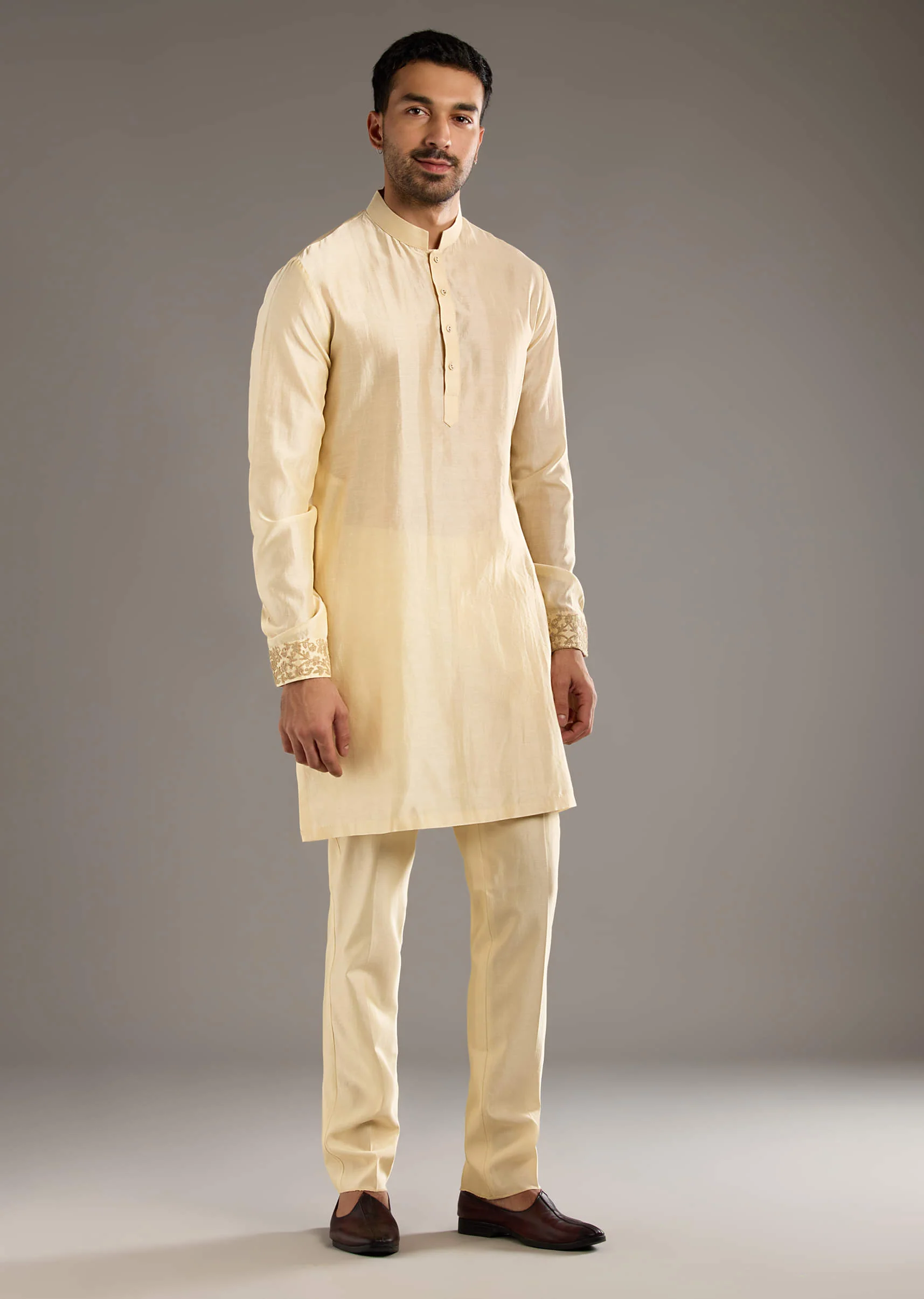 Gold Chanderi Linen Kurta Jacket Set For Men With Dori Work - Image 6