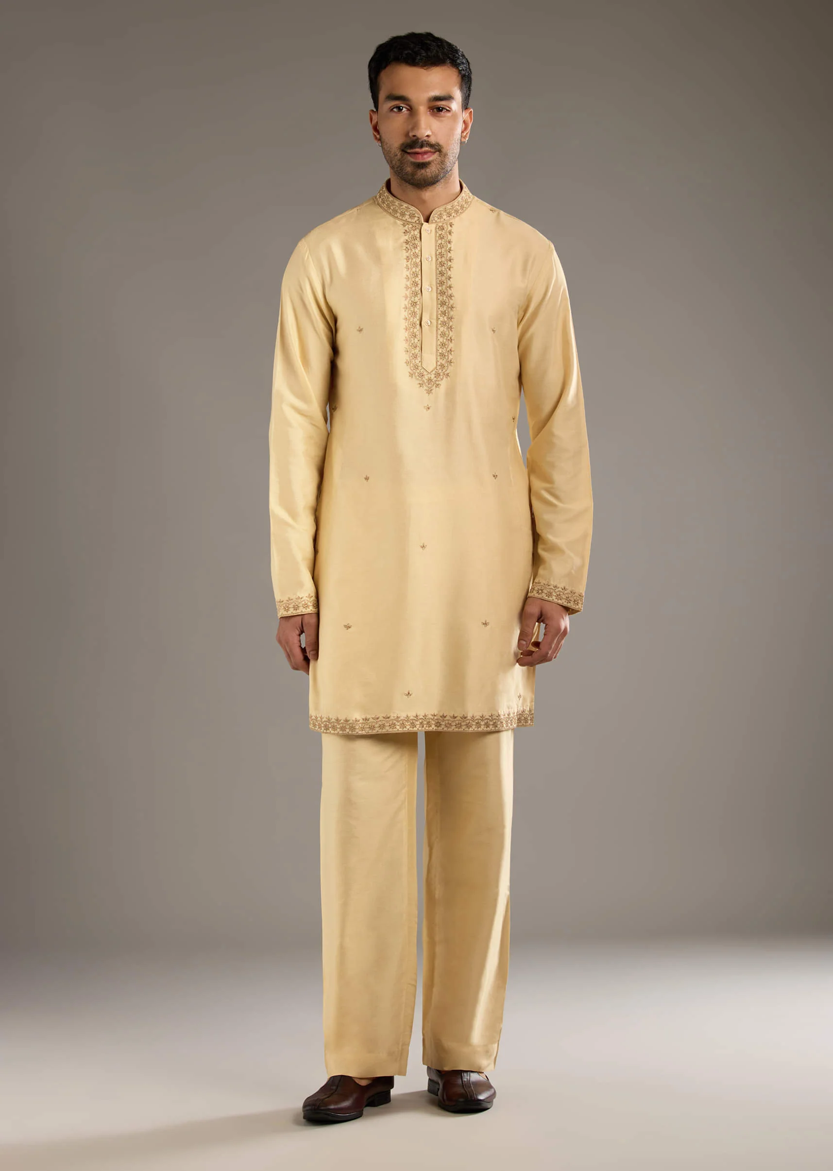 Gold Cotton Silk Indo Western Set For Men With Zari Embroidery - Image 6