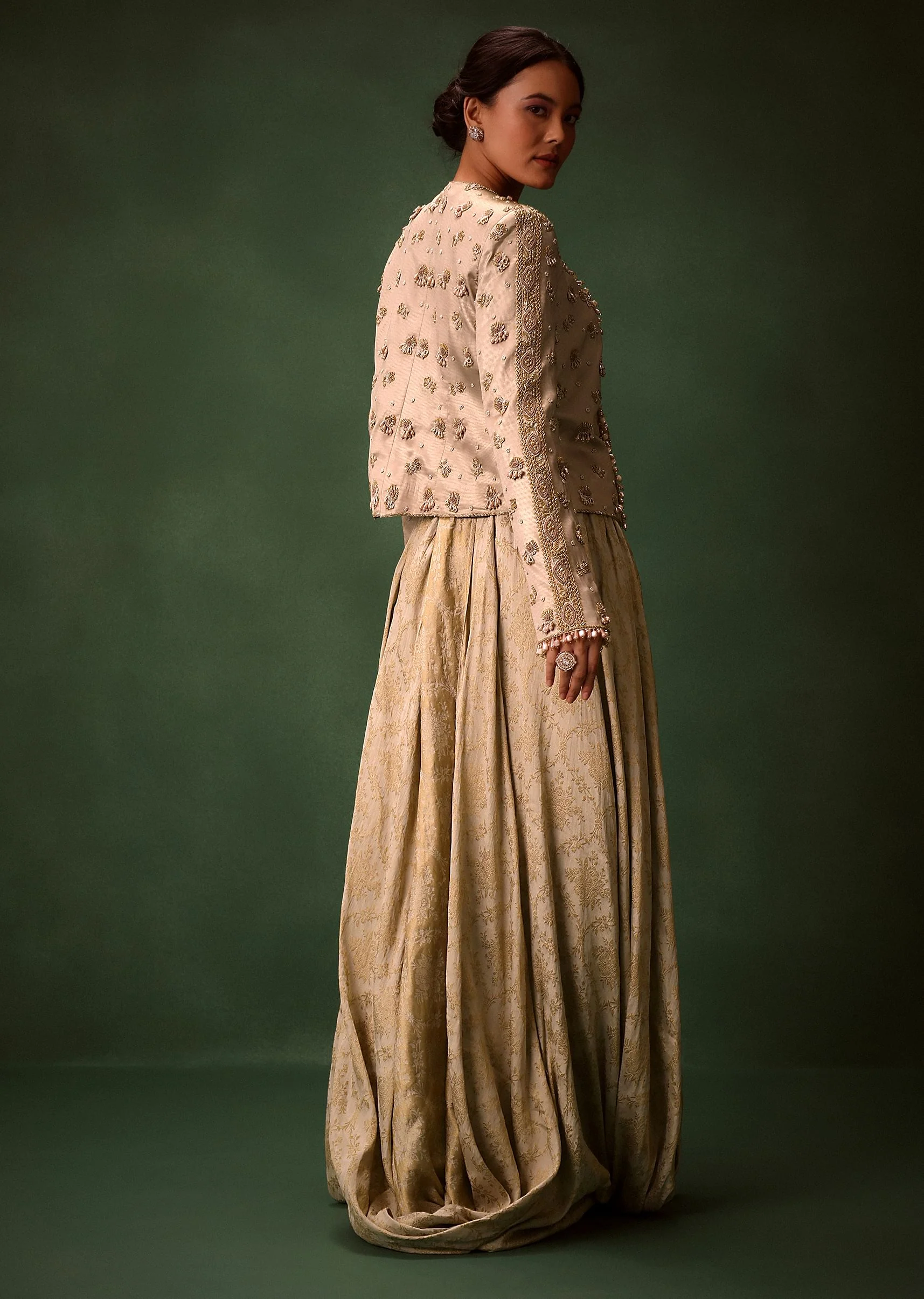 Gold Cowl Dhoti Drape Skirt With Heavy Embroidered Jacket - Image 2
