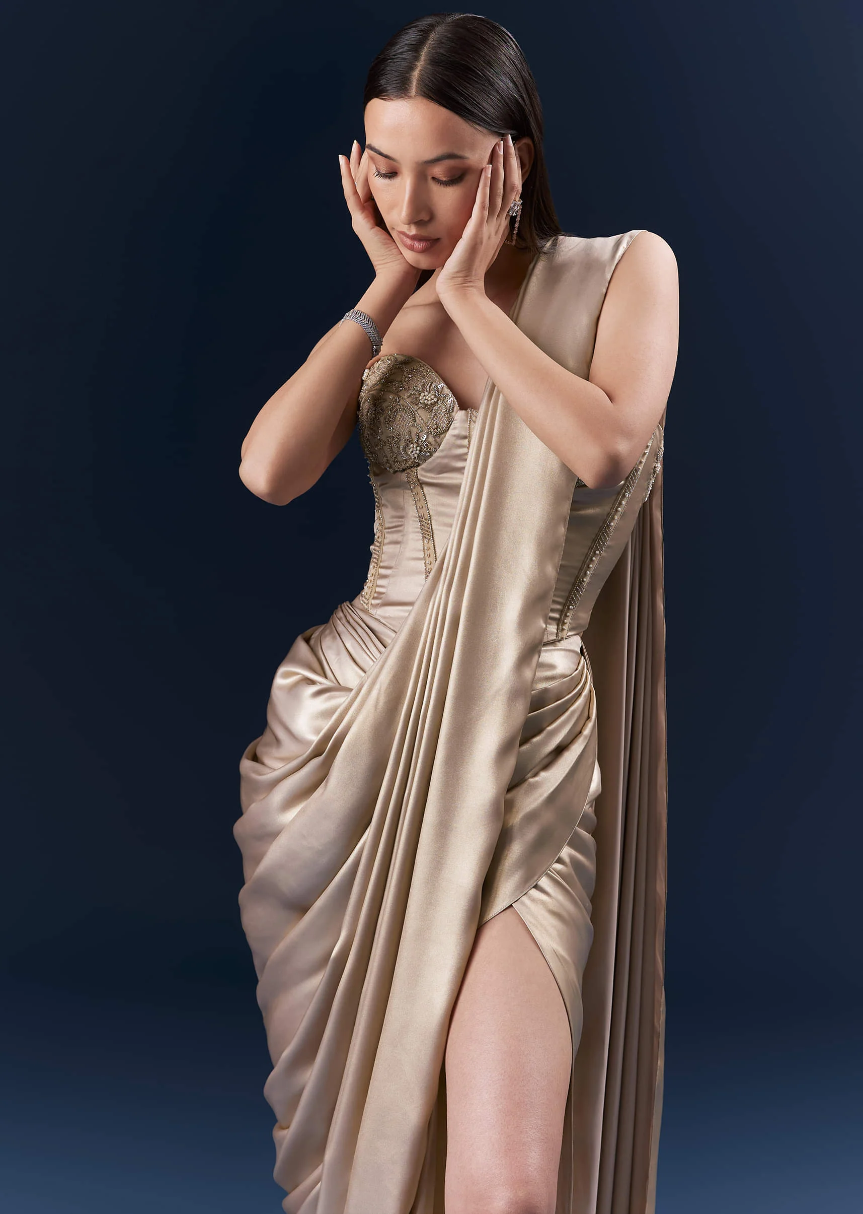 Gold Crepe Crop Top And Drape Skirt Set With Embroidery - Image 3