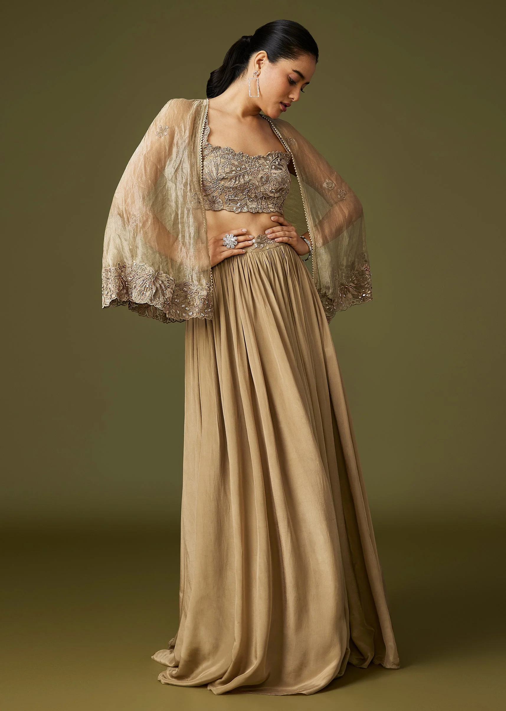 Gold Crop Top Lehenga With Thread Beadwork Cape