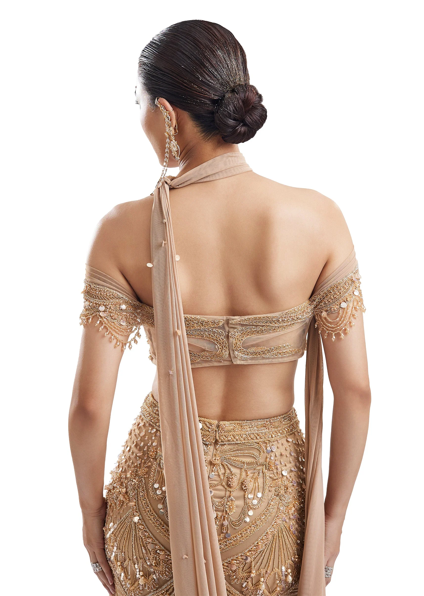 Gold Drape Skirt Set With Off-Shoulder Blouse - Image 6