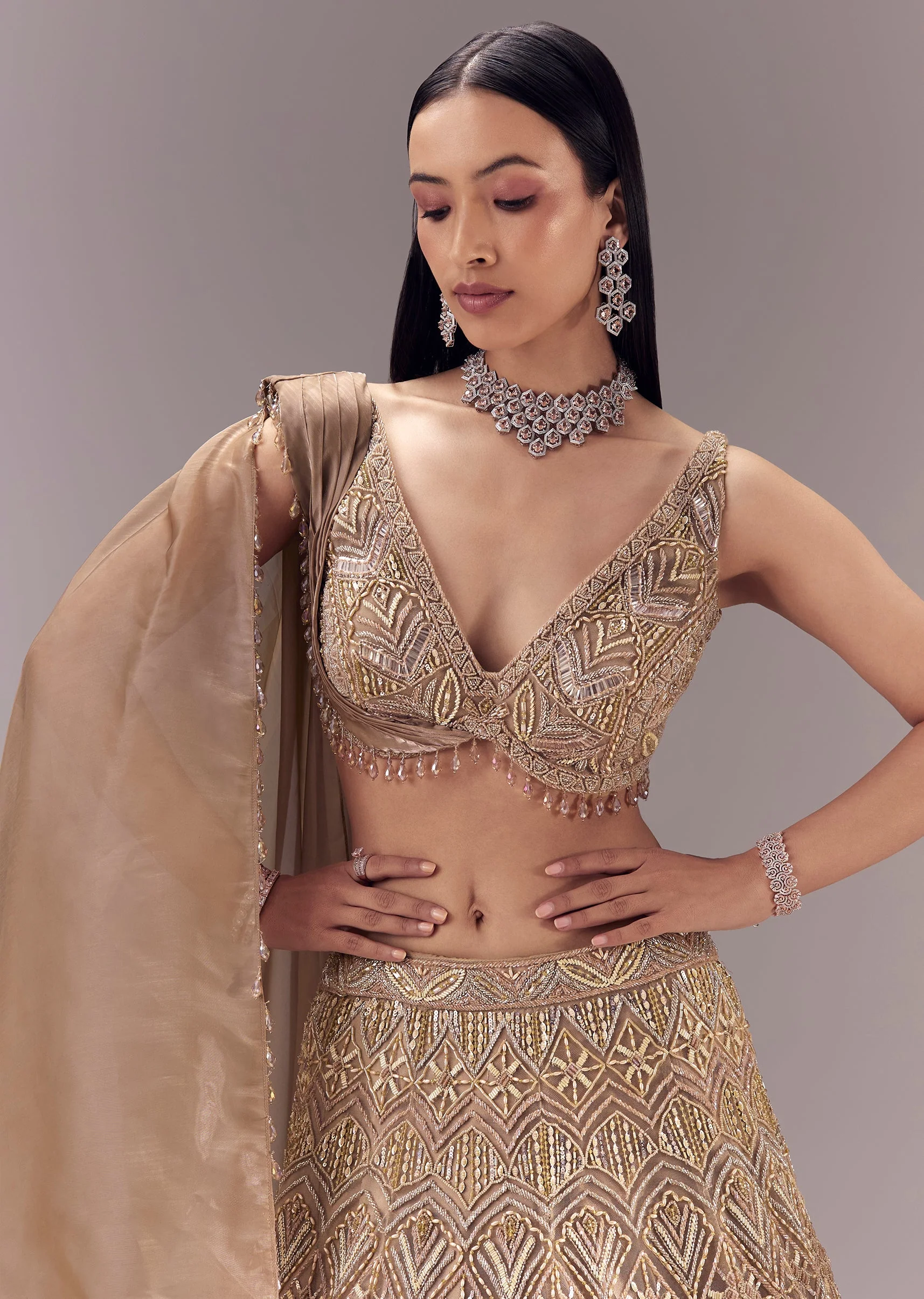 Gold Draped Blouse and Embellished Lehenga Set - Image 3