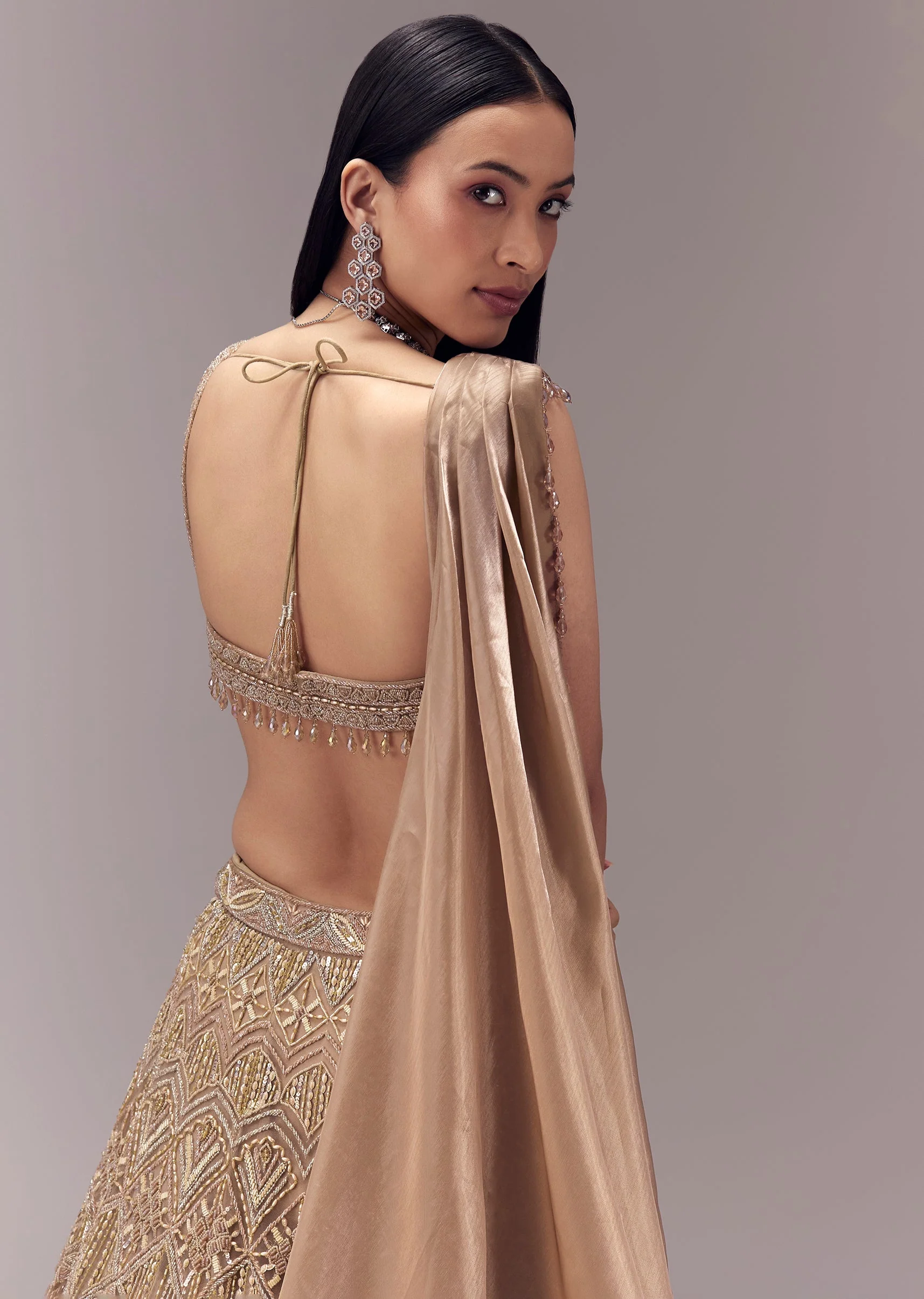 Gold Draped Blouse and Embellished Lehenga Set - Image 5
